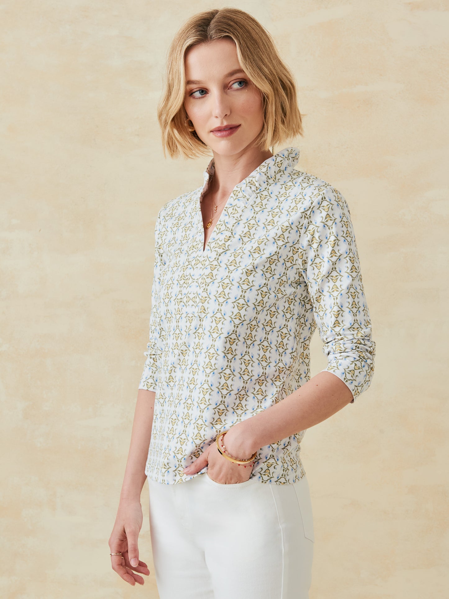 J.McLaughlin Sahara top in off white/khaki made with catalina cloth.