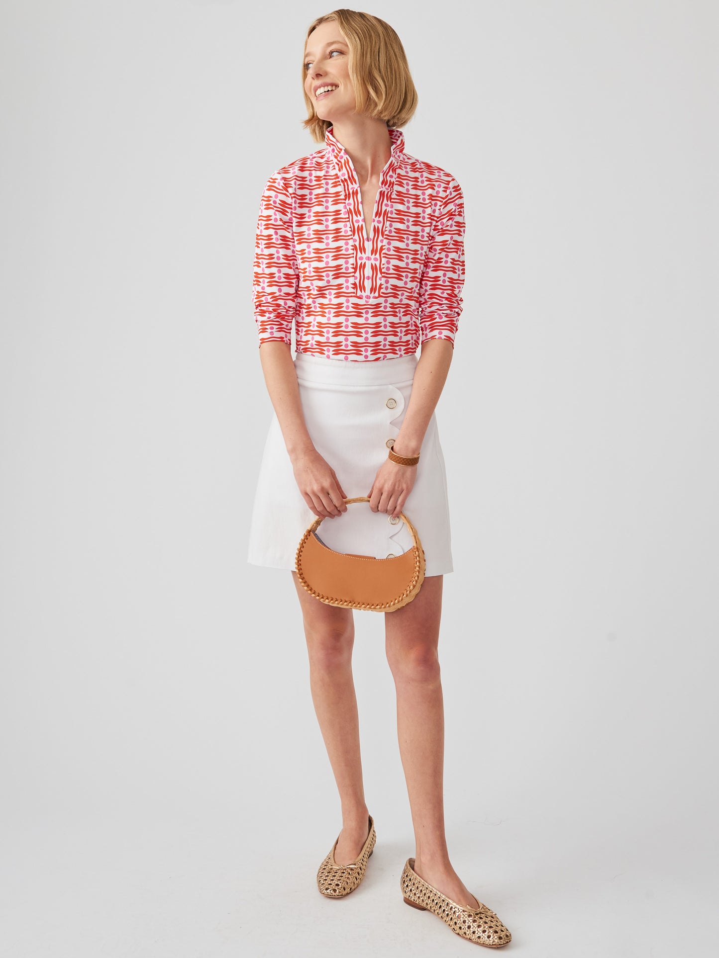 J.McLaughlin Sahara ruffle top in white/red/pink made with Catalina cloth.