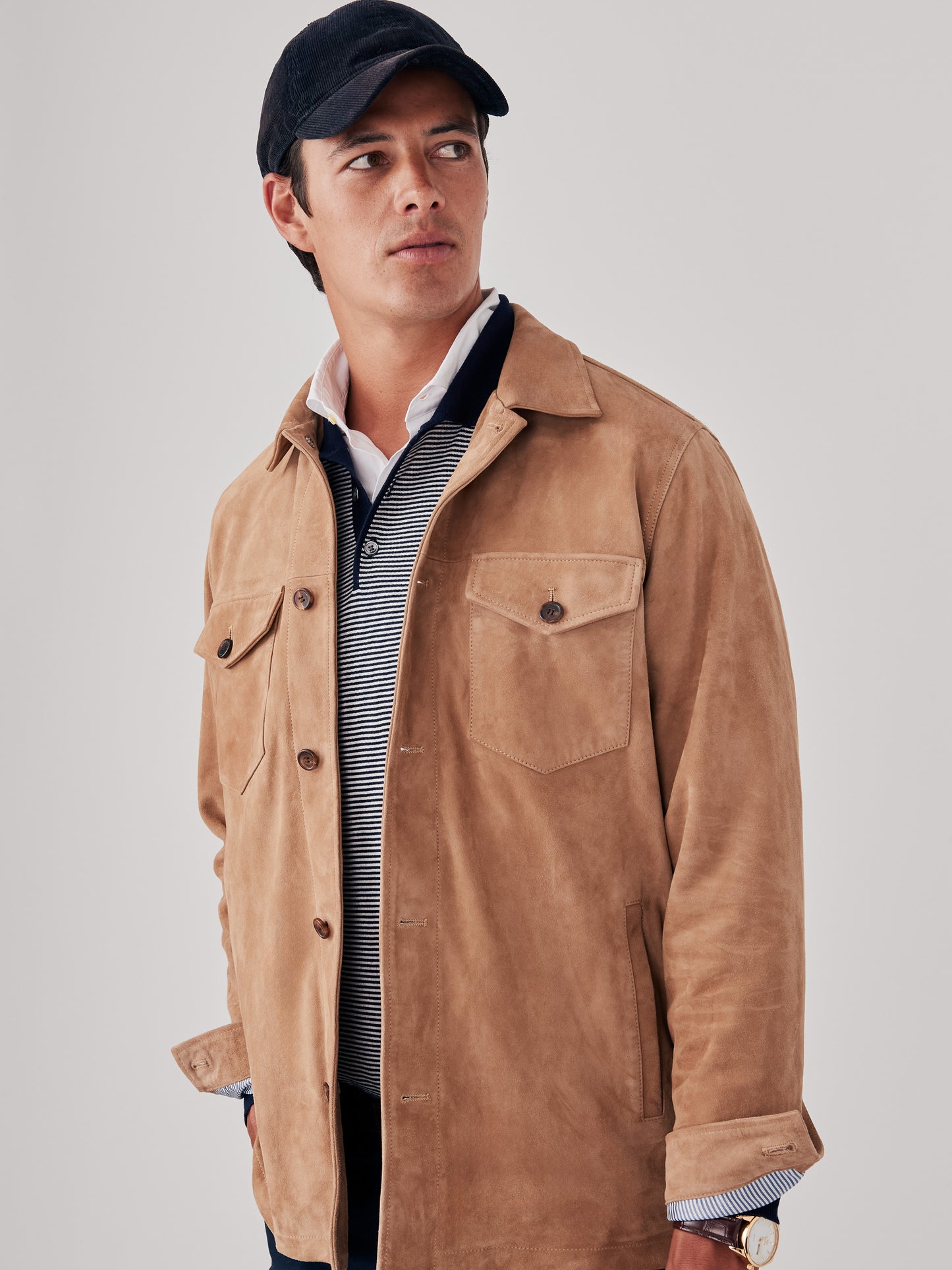 J.McLaughlin Fieldston jacket in fawn made with suede.