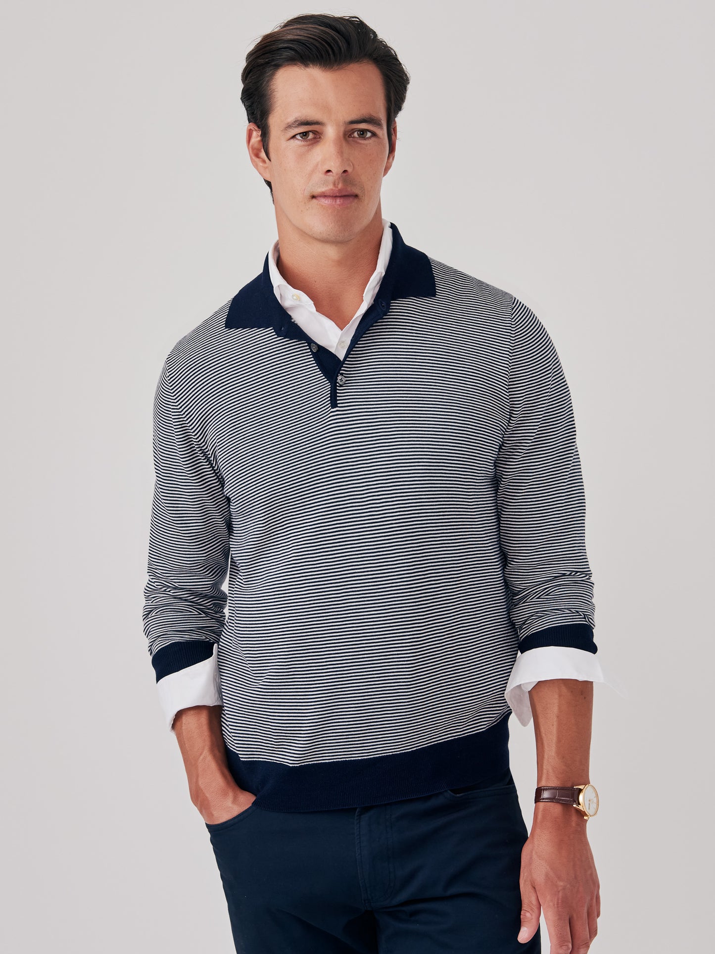 J.McLaughlin Savona sweater in navy/ivory made with merino wool and silk.