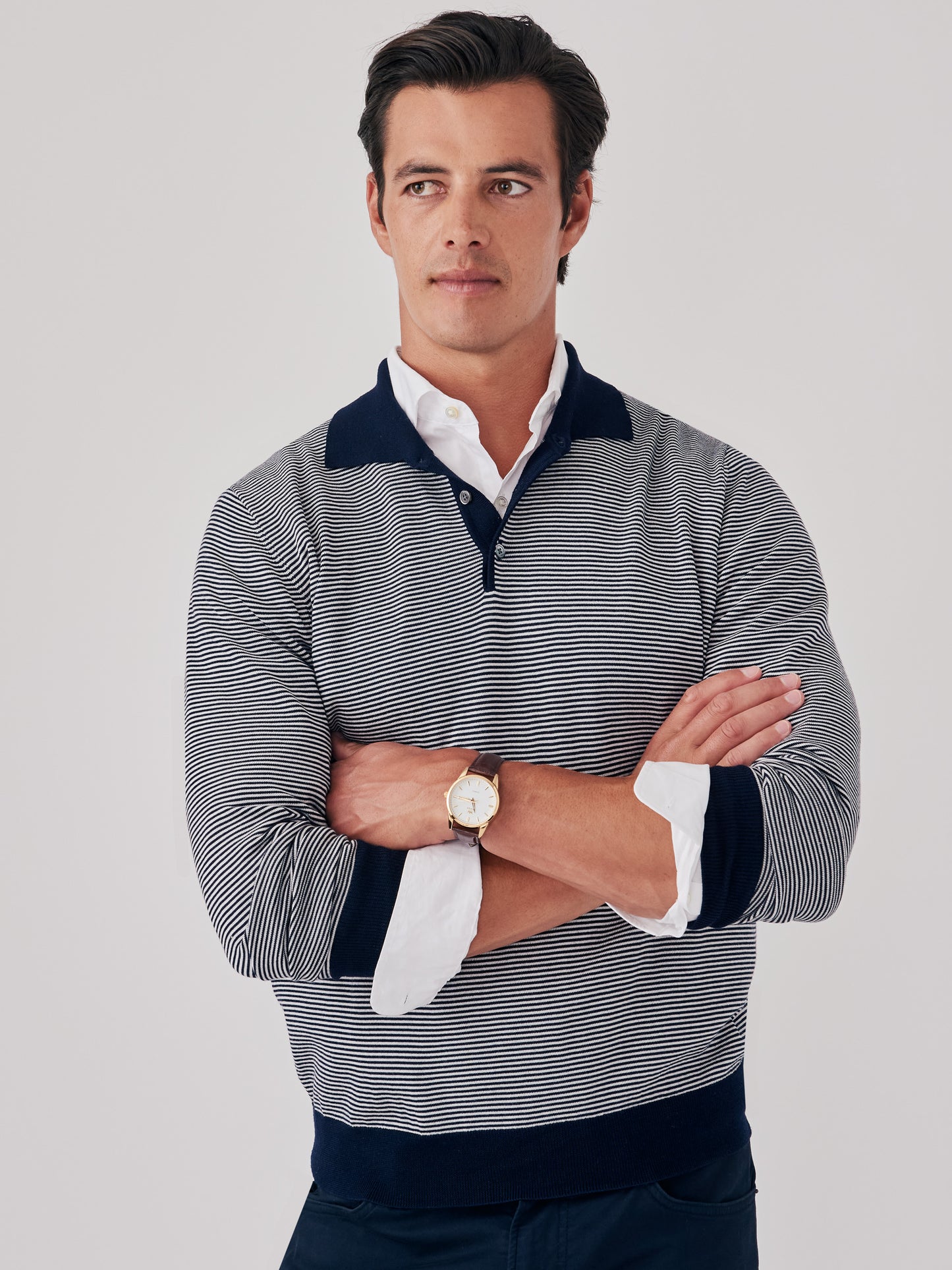 J.McLaughlin Savona sweater in navy/ivory made with merino wool and silk.