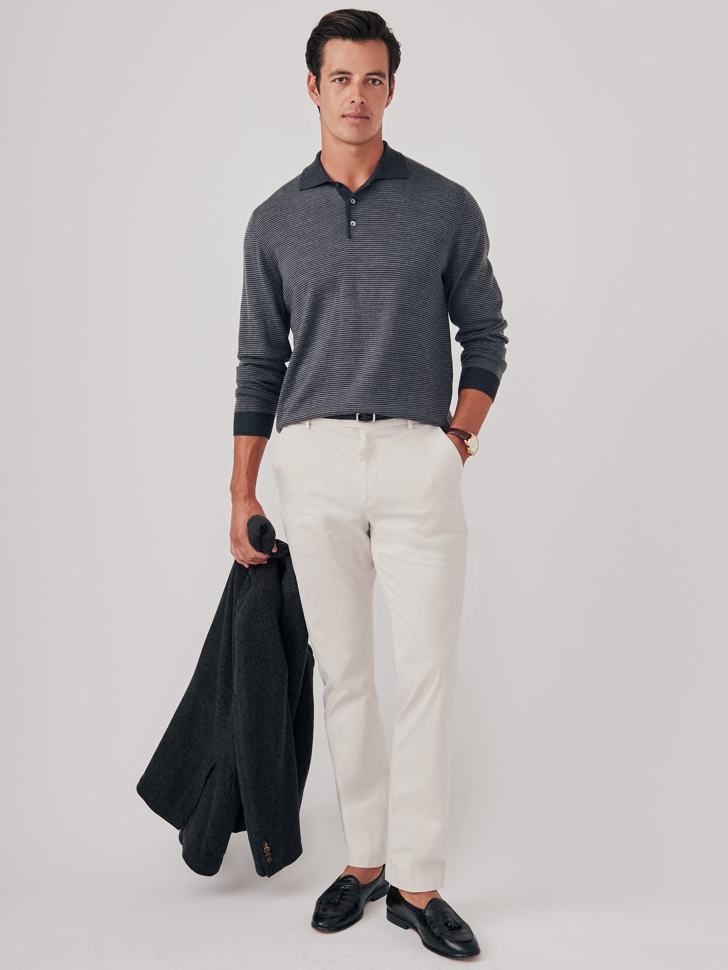 J.McLaughlin Savona sweater in charcoal/light heather grey made with merino wool and silk.