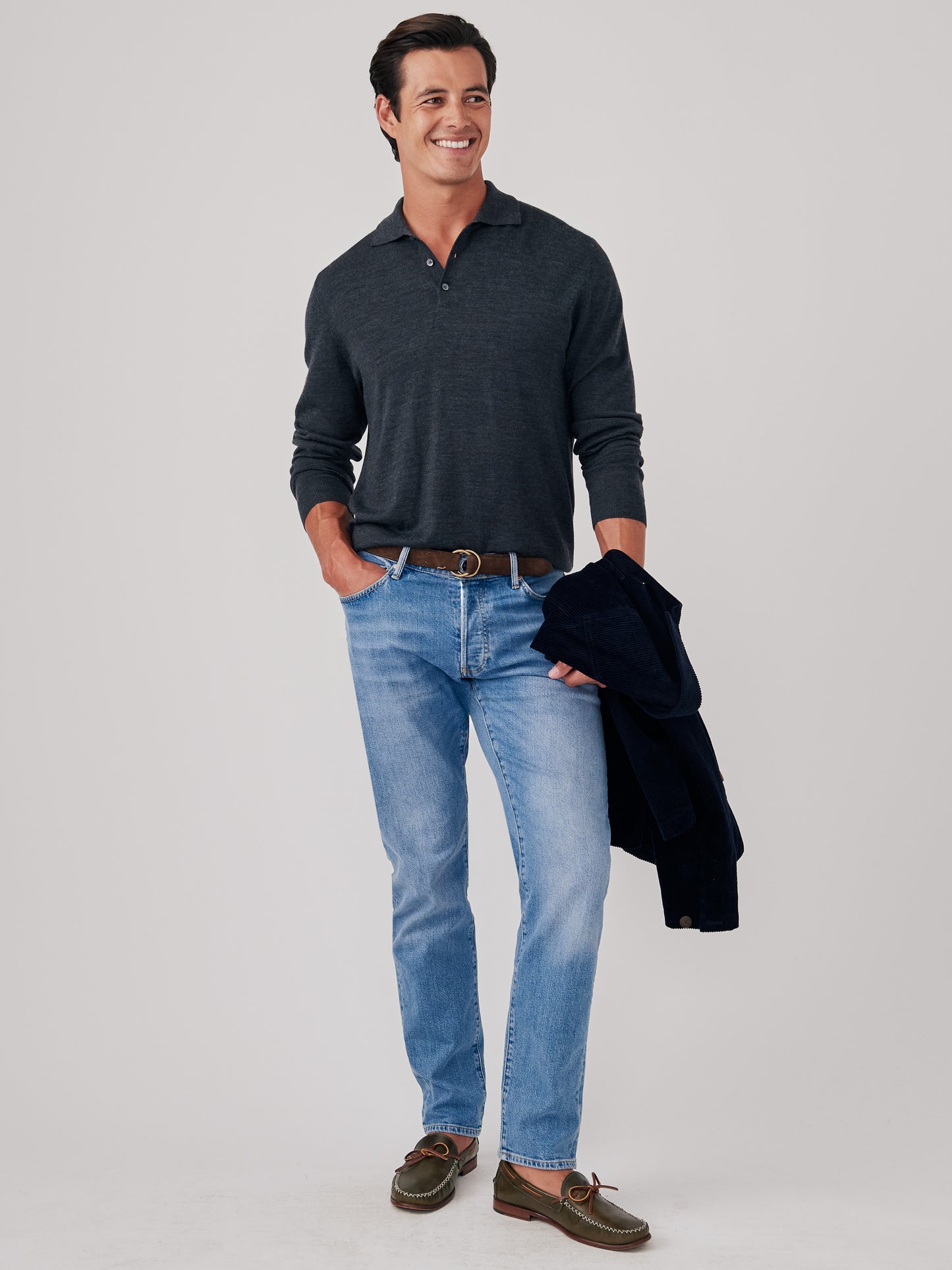 J.McLaughlin Savona sweater in heather oxford made with merino wool and silk.