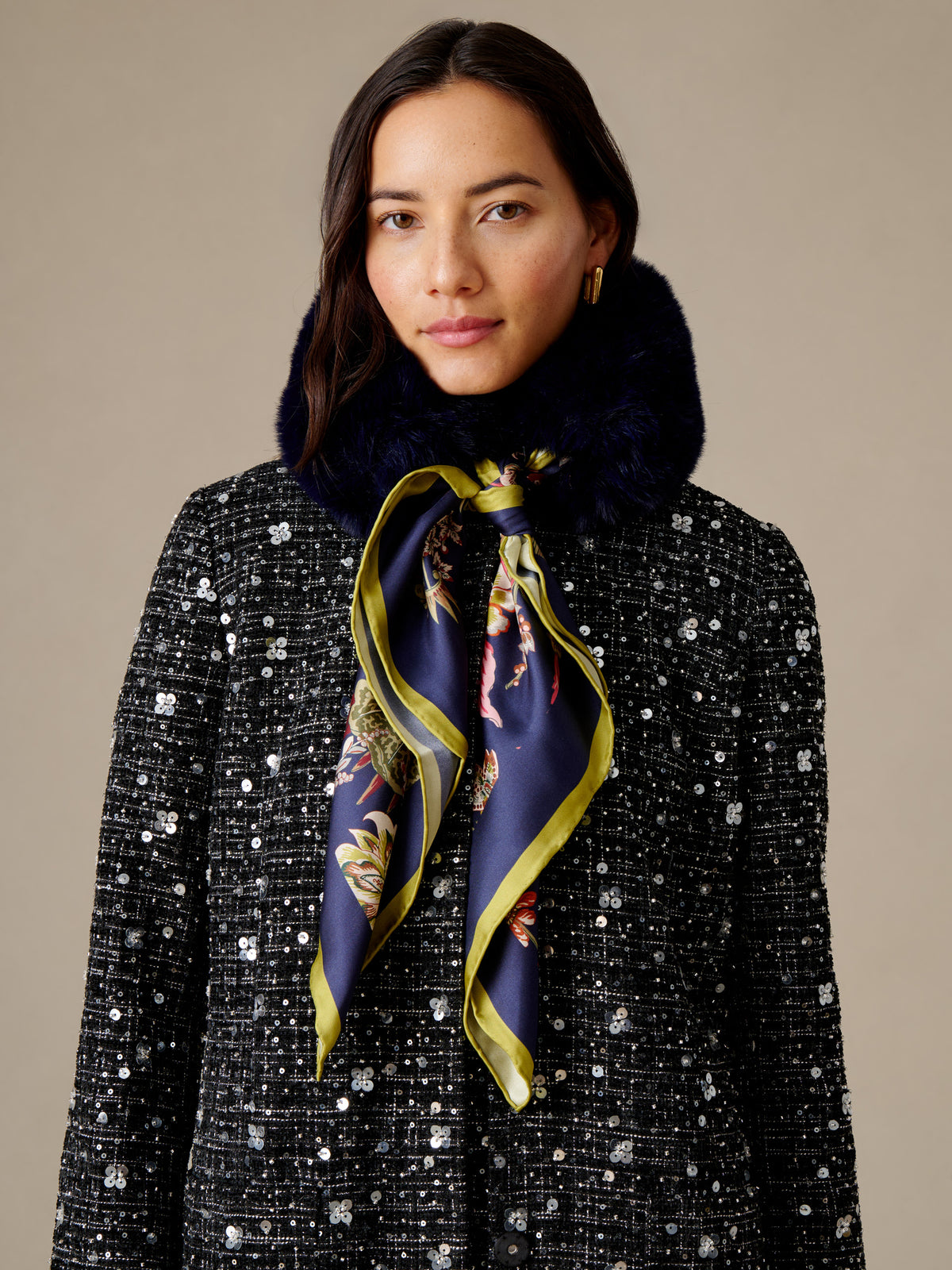 J.McLaughlin Camille Faux Fur Neckwarmer in Heirloom Botanica Square shown on a model with navy faux fur and floral silk scarf styling