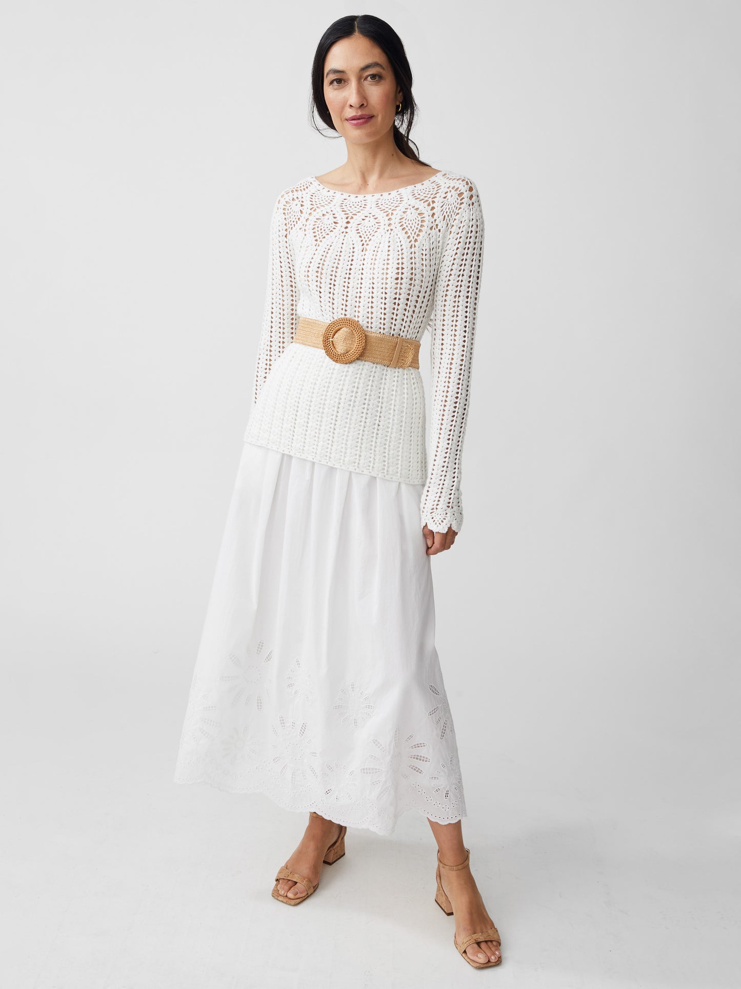 J.McLaughlin model wears Shellona Crochet Sweater in white made with cotton.