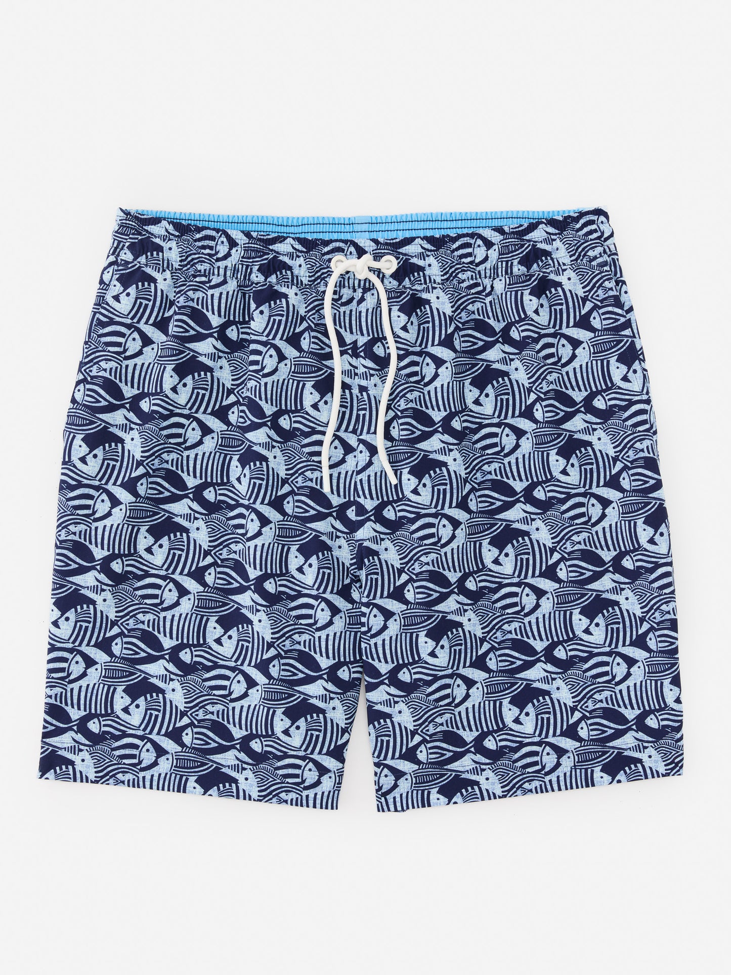 J.McLaughlin Shoreline swim trunks in navy/light blue made with polyester/spandex.