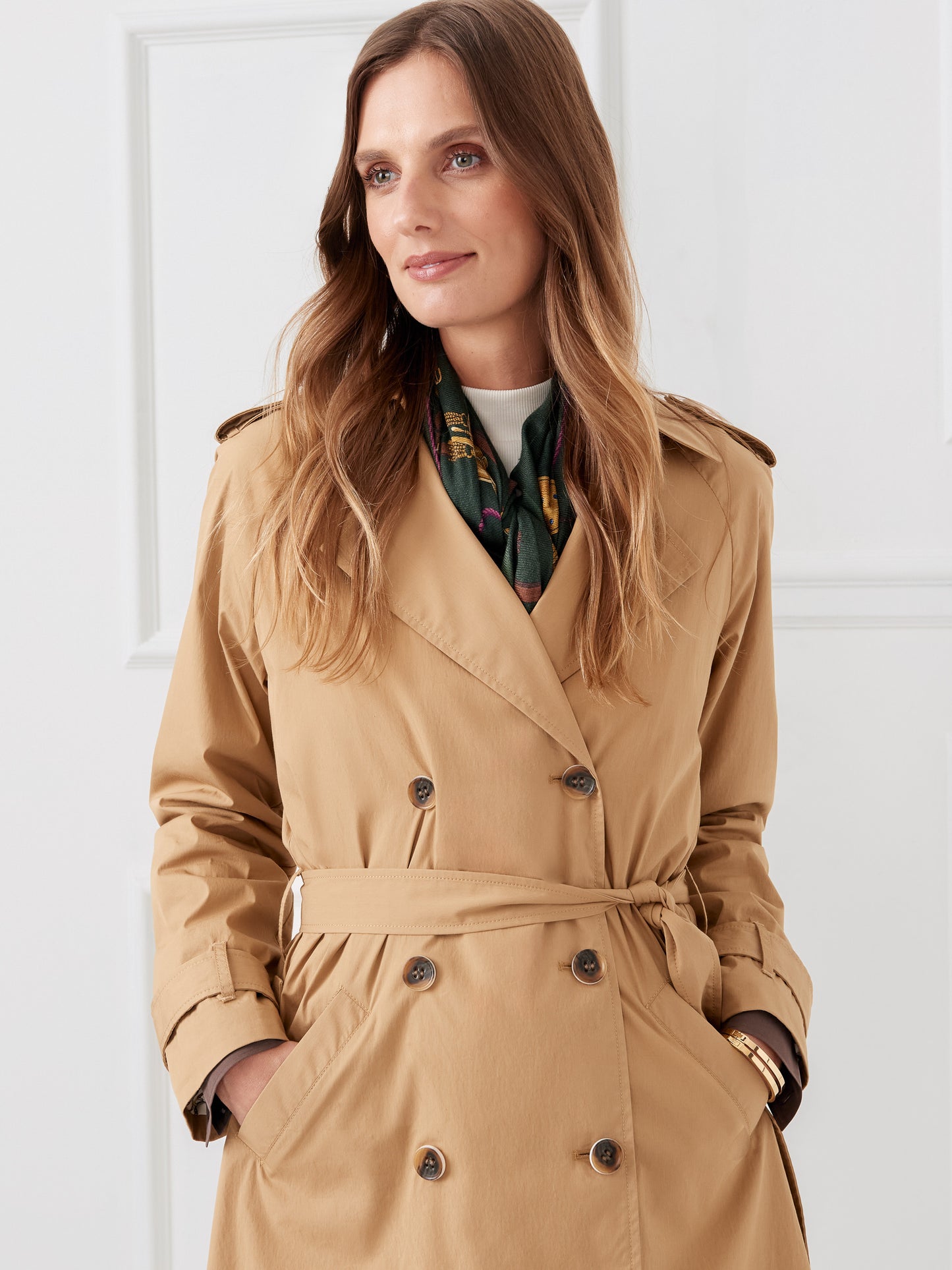 J.McLaughlin Sierra trench coat in khaki made with cotton/nylon.