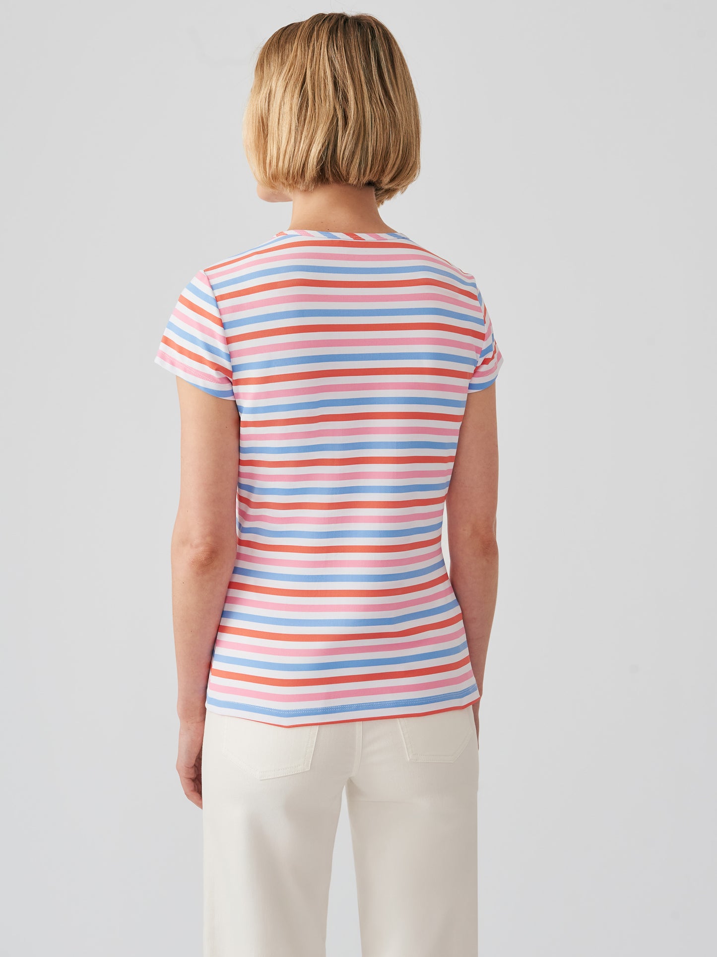 J.McLaughlin signature cap sleeve tee in coral/multi made with Catalina cloth.