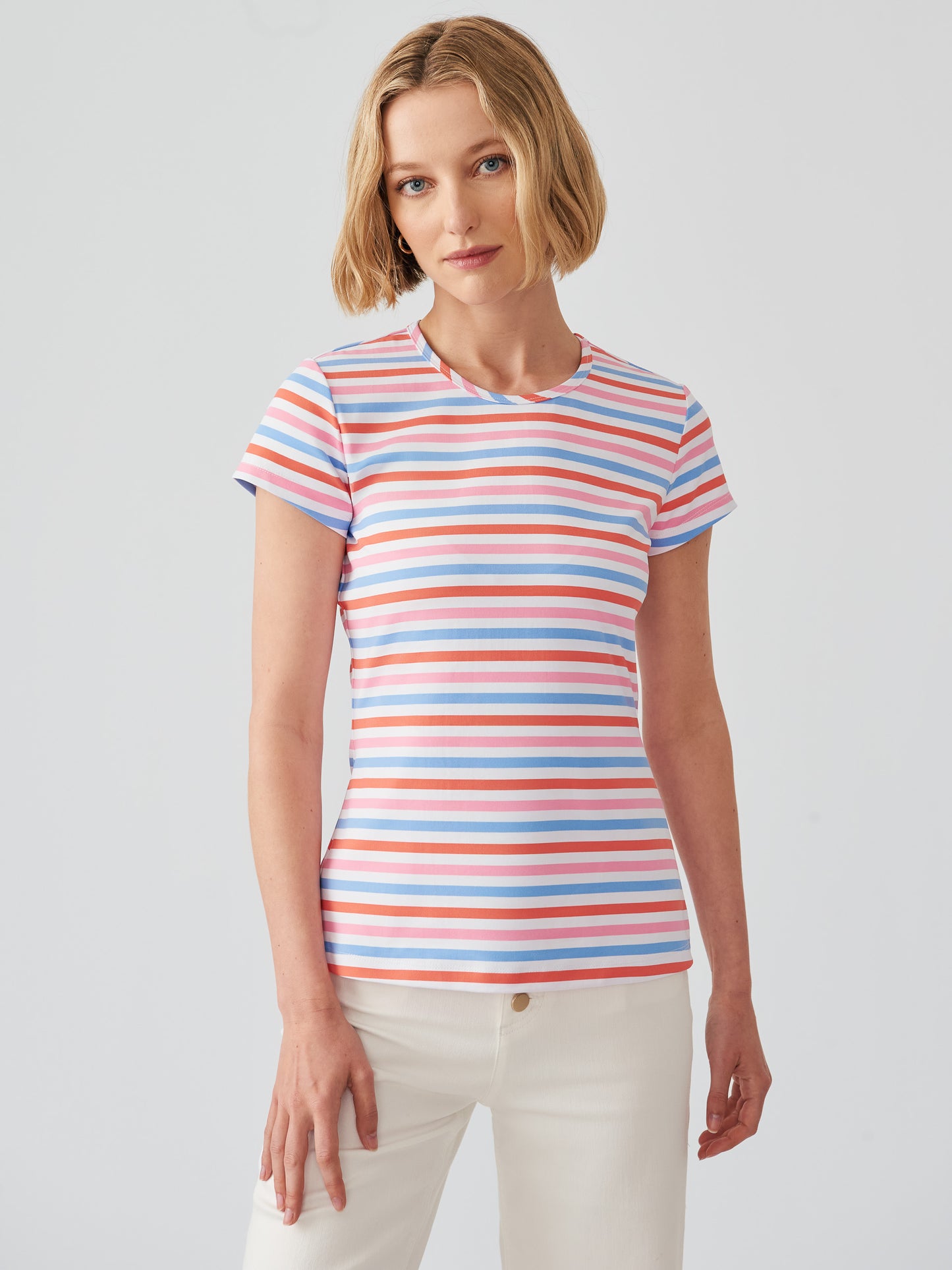 J.McLaughlin signature cap sleeve tee in coral/multi made with Catalina cloth.