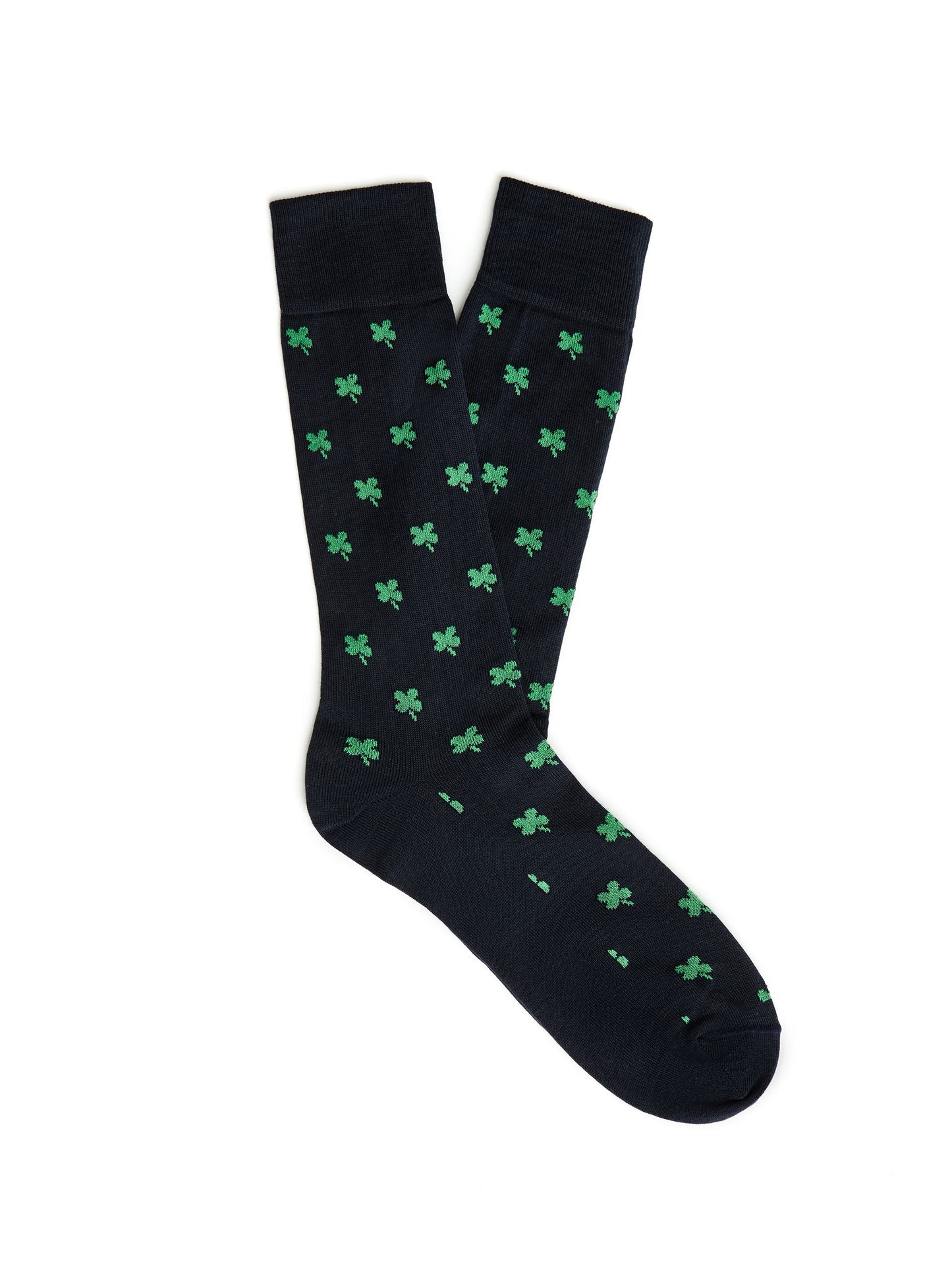 Socks in Clover from J.McLaughlin featuring a navy base with green clover patterns, combining innovative fabrics with enduring designs for a legacy of timeless fashion.