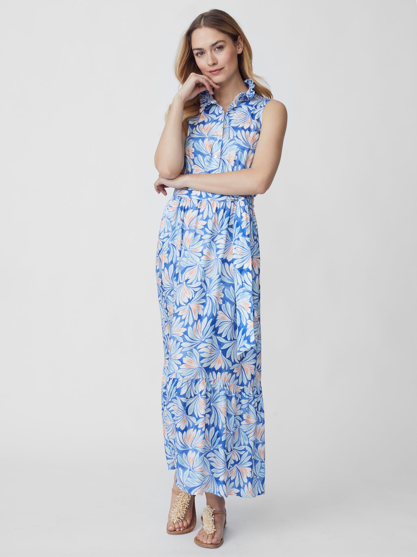 J.McLaughlin model wears Soiree Dress in Flora Fantastique in Dark Blue/Aqua made with Viscose and Silk.