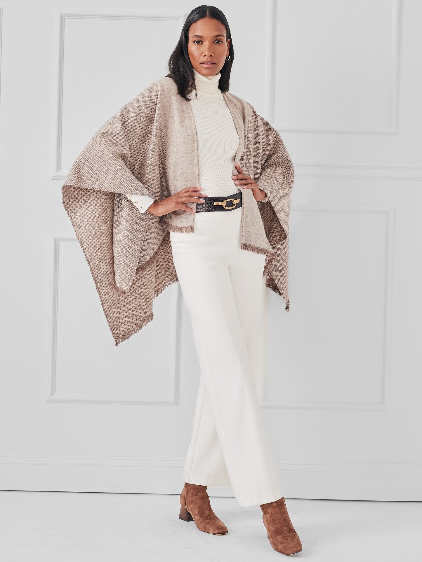 J.McLaughlin Sydney wrap in taupe made with wool.