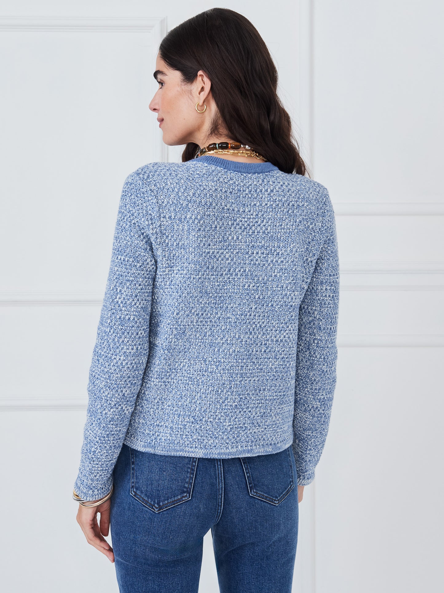 J.McLaughlin Thayer sweater in denim/off white made with cotton.
