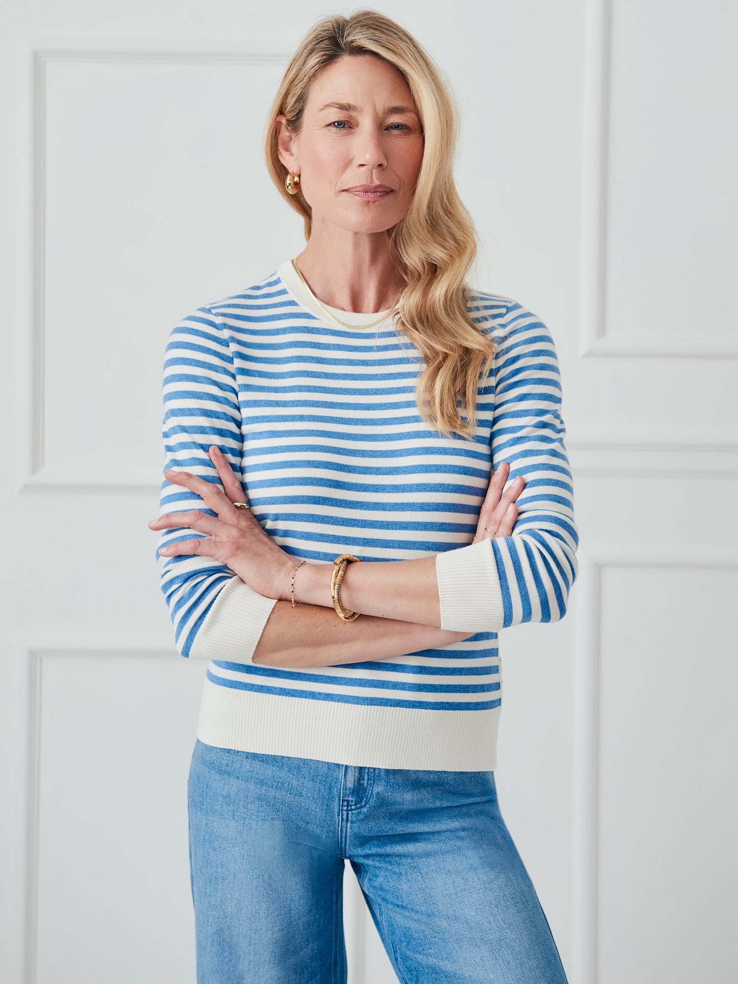 J.McLaughlin Tierney sweater in off white/chambray made with cotton/modal.