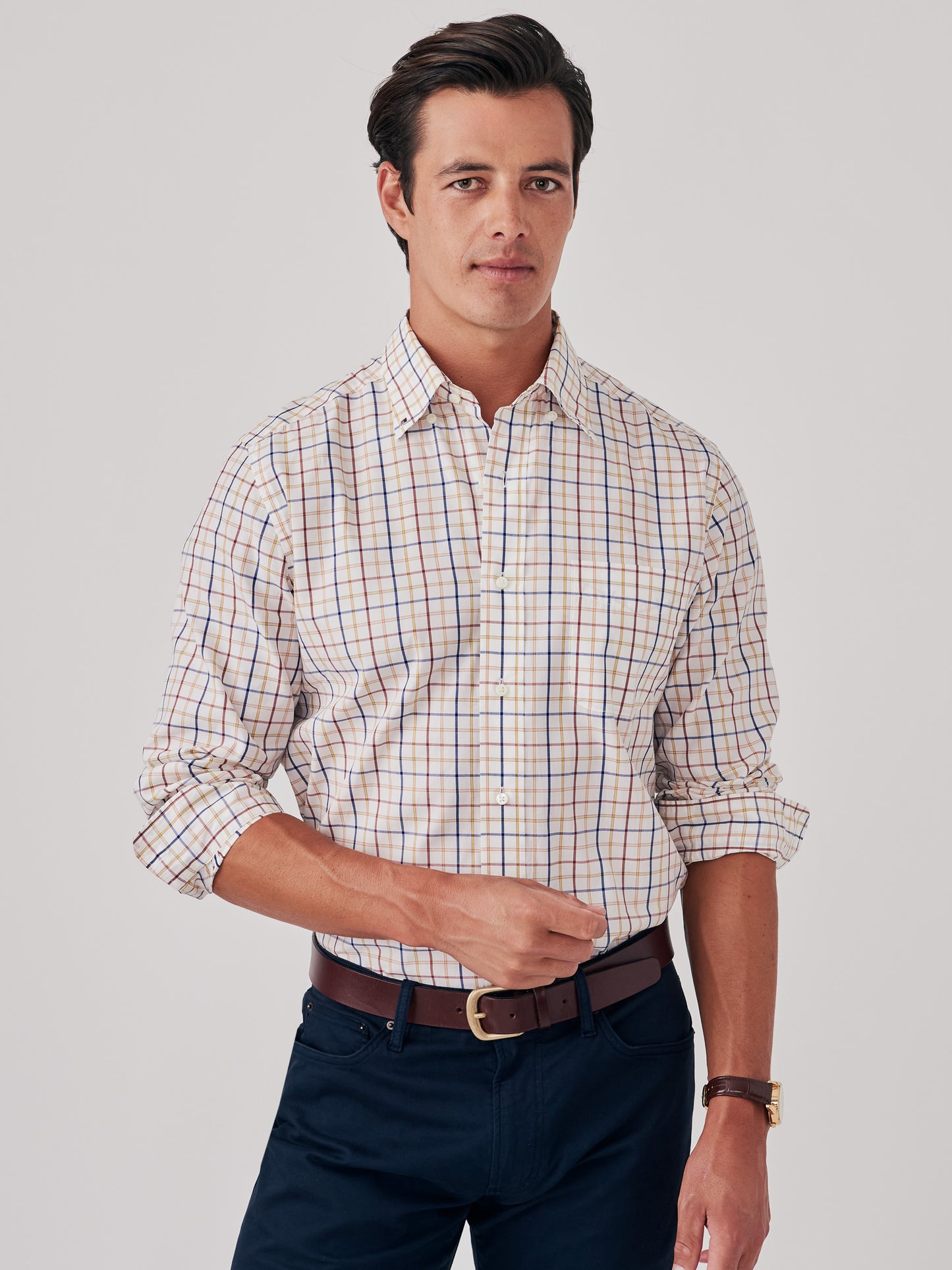 J.McLaughlin University shirt in claret/marine/ivory made with cotton.
