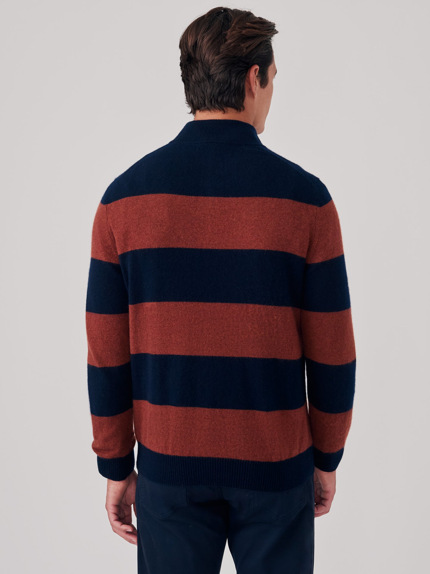 J.McLaughlin Henry 1/4 zip in navy/rust made with cashmere.