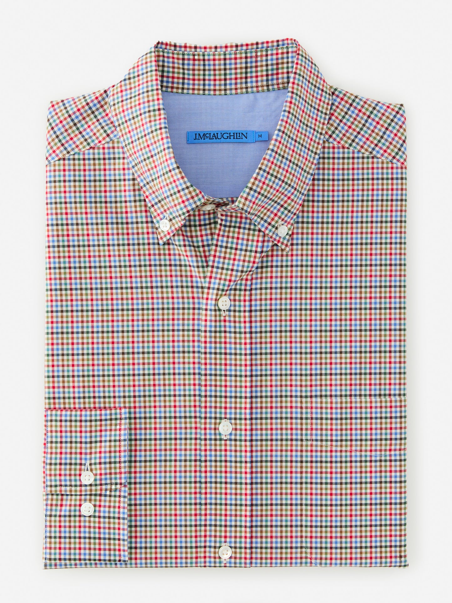 J.McLaughlin University shirt in crimson/blue/green made with cotton.