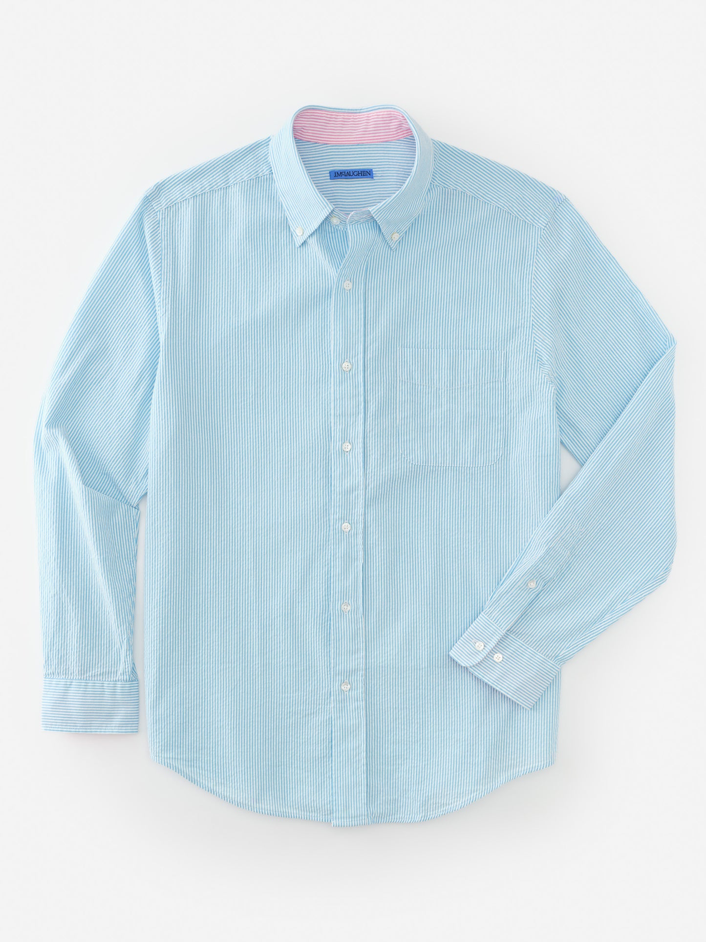 J.McLaughlin Univeristy shirt in teal/white made with cotton seersucker.
