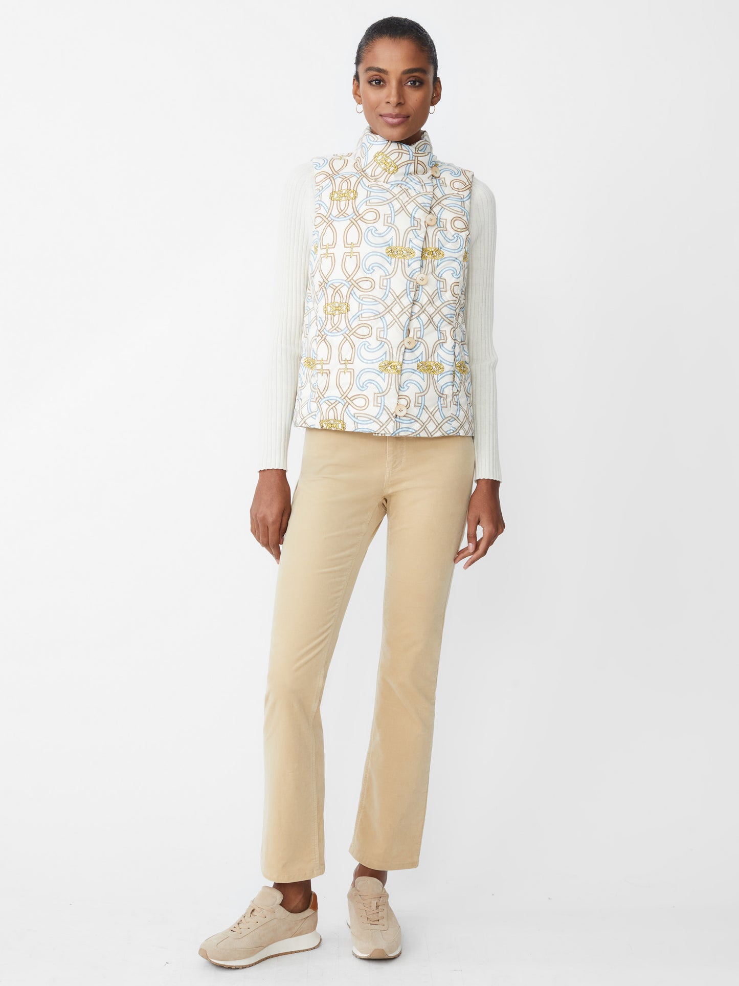 J.McLaughlin Vivian vest in off white/blue/sand made with nylon.