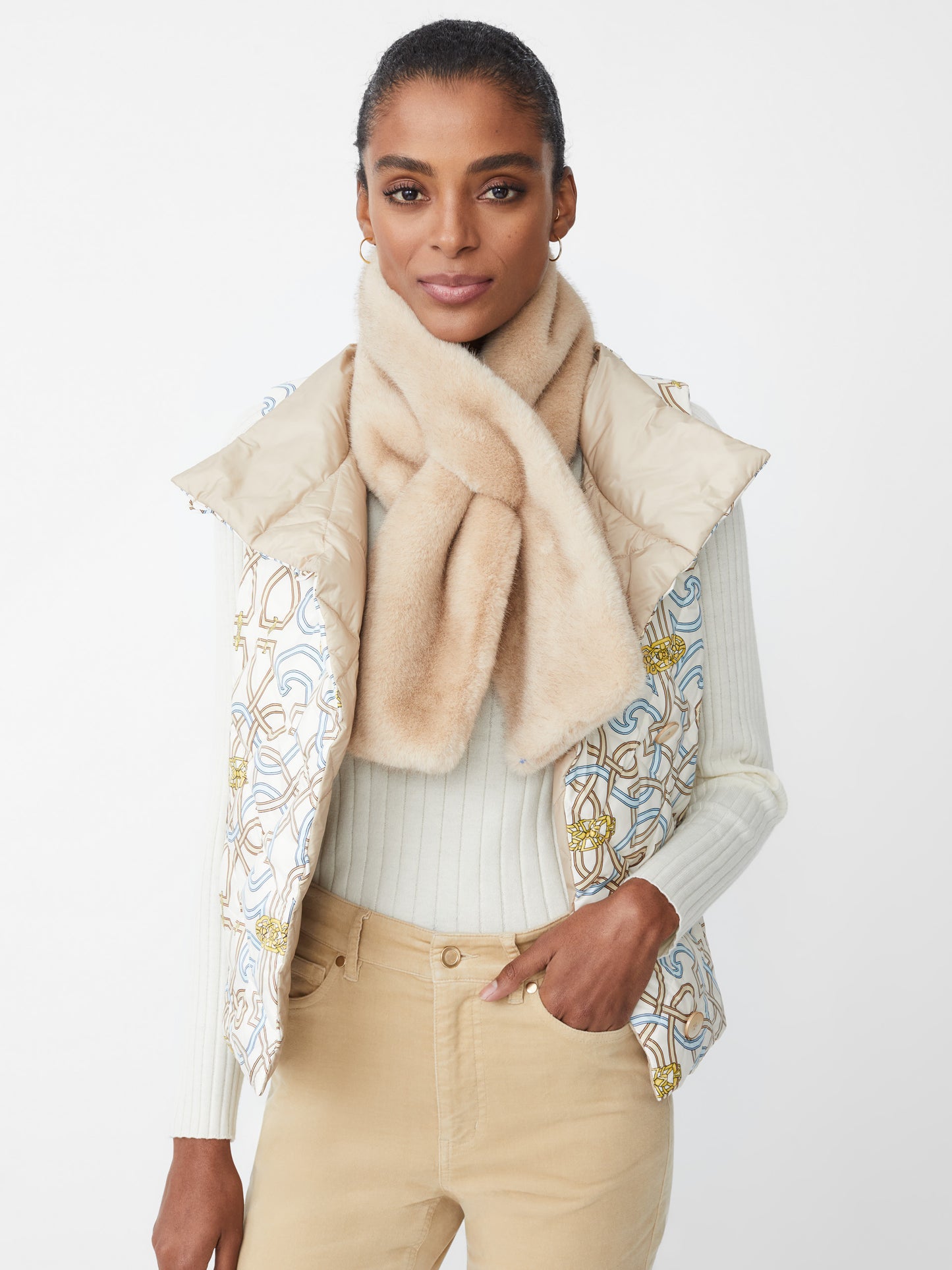 J.McLaughlin Vivian vest in off white/blue/sand made with nylon.