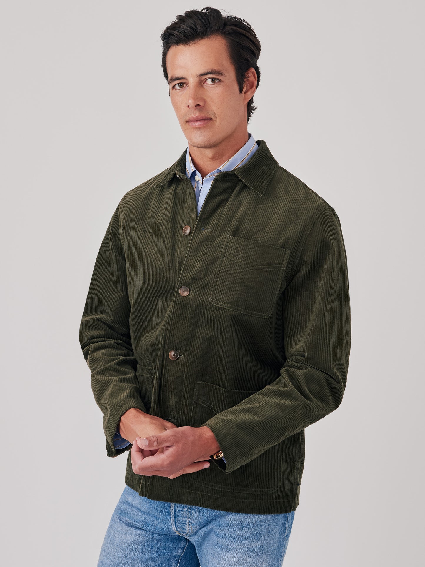J.mcLaughlin Weekender jacket in olive made with corduroy.
