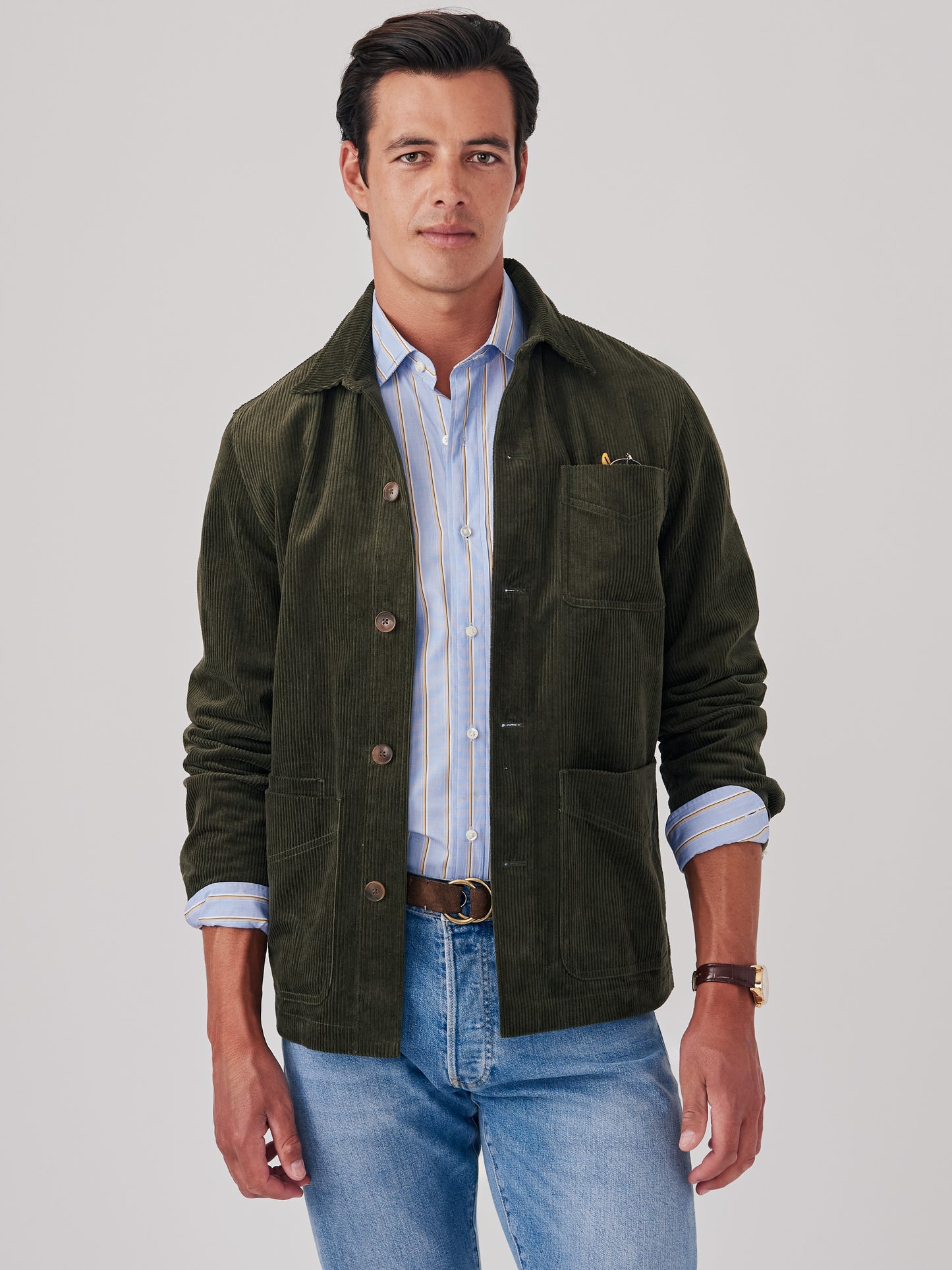 J.mcLaughlin Weekender jacket in olive made with corduroy.