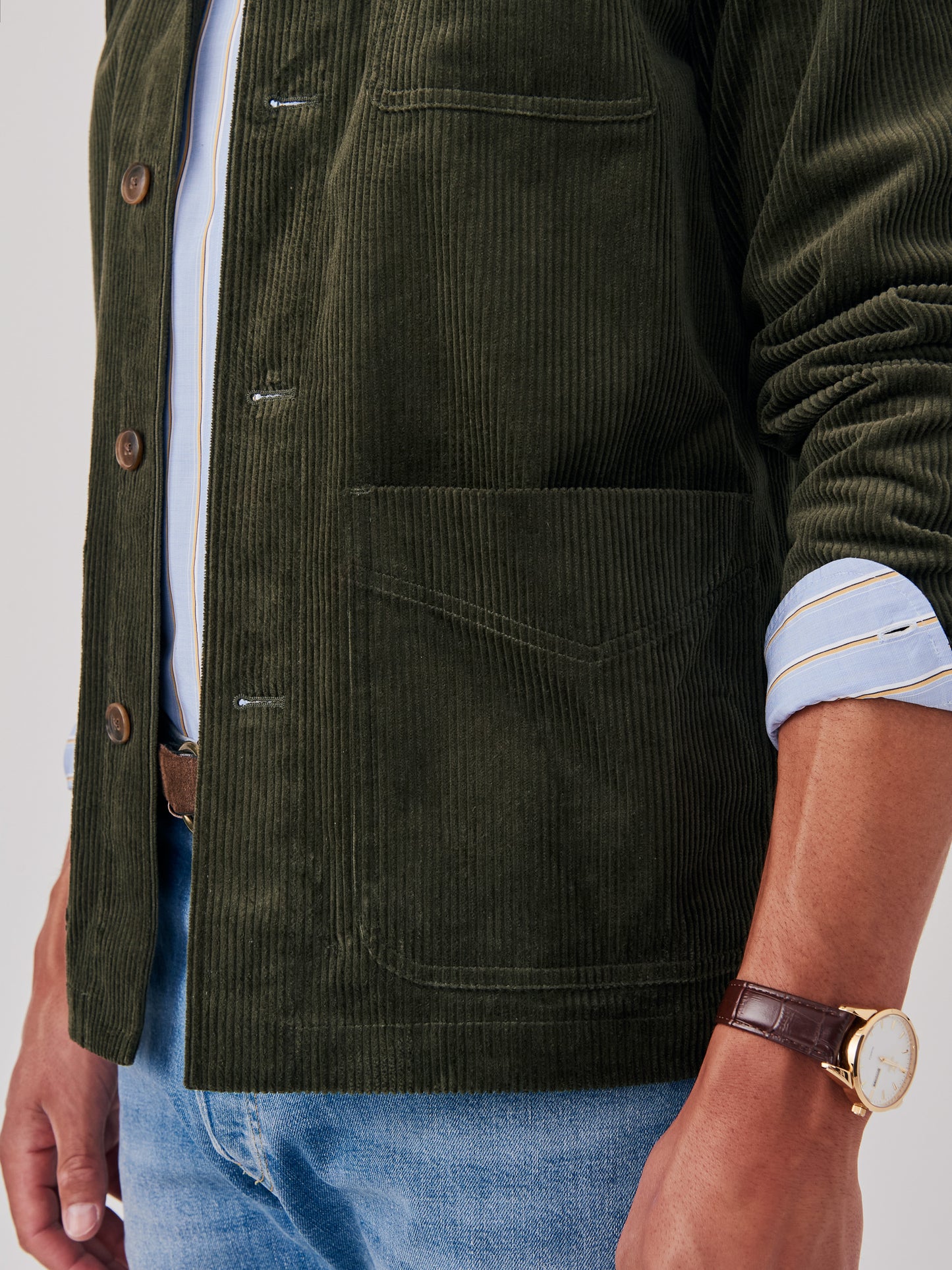 J.mcLaughlin Weekender jacket in olive made with corduroy.