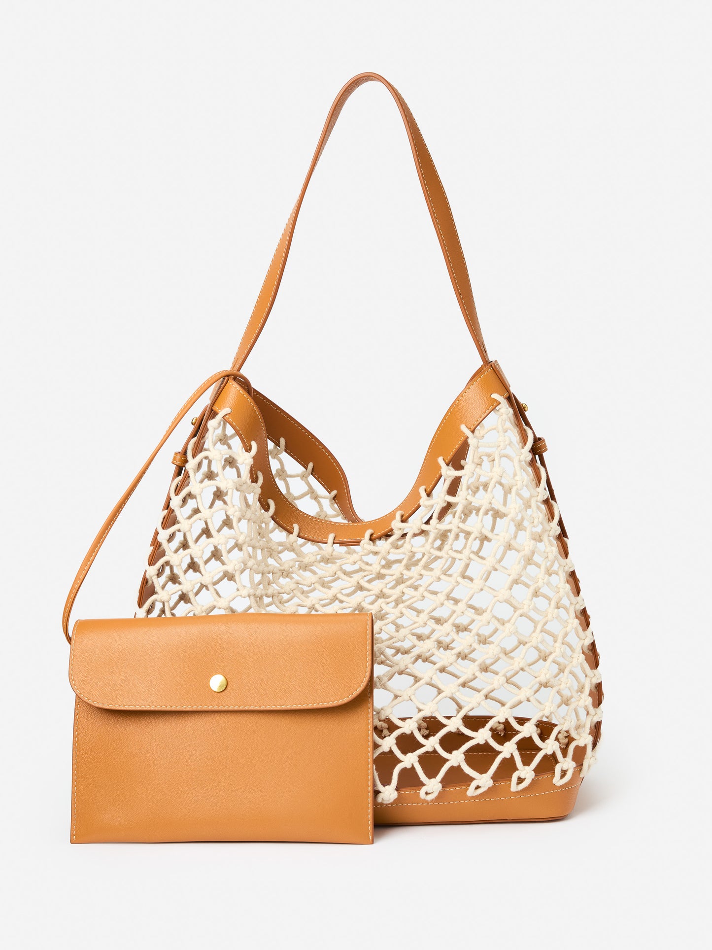 J.McLauhglin Wren tote in natural vachetta made with crochet/leather.