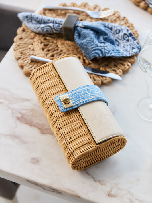 J.McLaughlin Nusa clutch in bone made with wicker and leather.