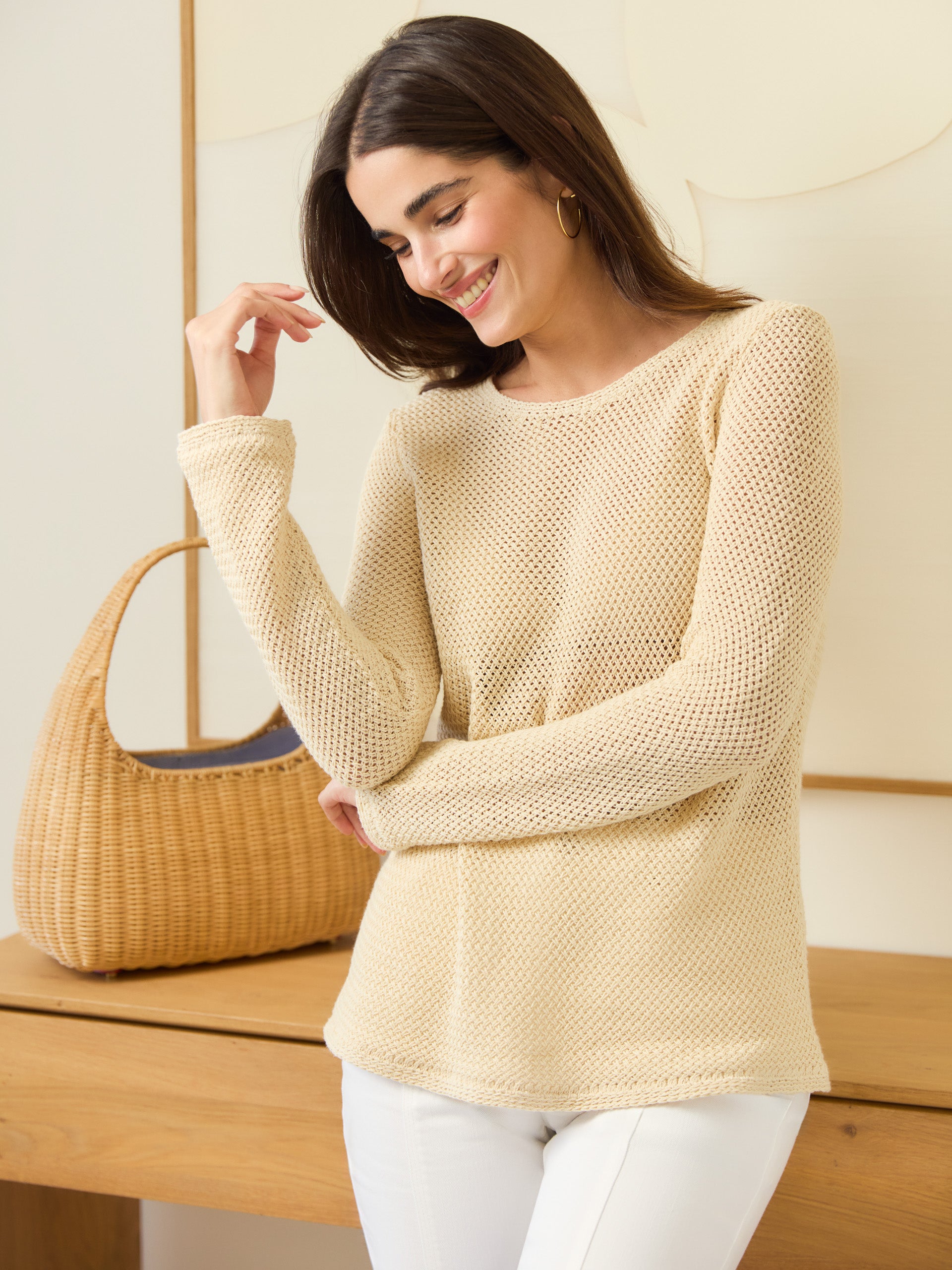 J.McLaughlin model wears Donna Linen Sweater in oatmeal made with linen/cotton.