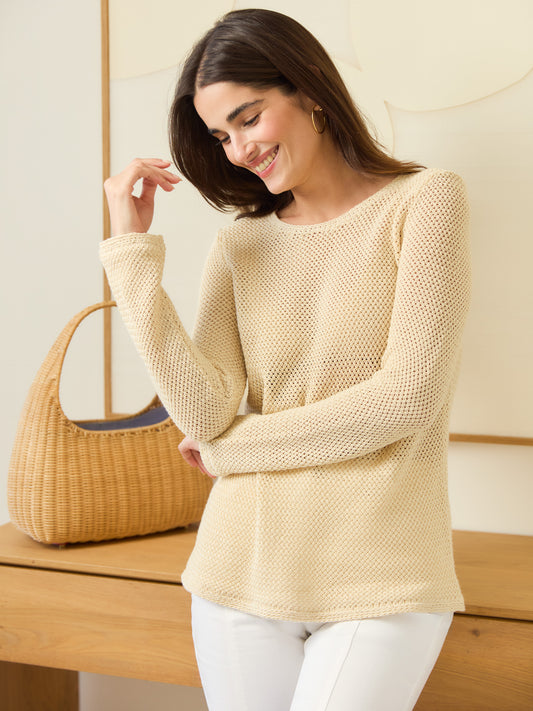 J.McLaughlin model wears Donna Linen Sweater in oatmeal made with linen/cotton.