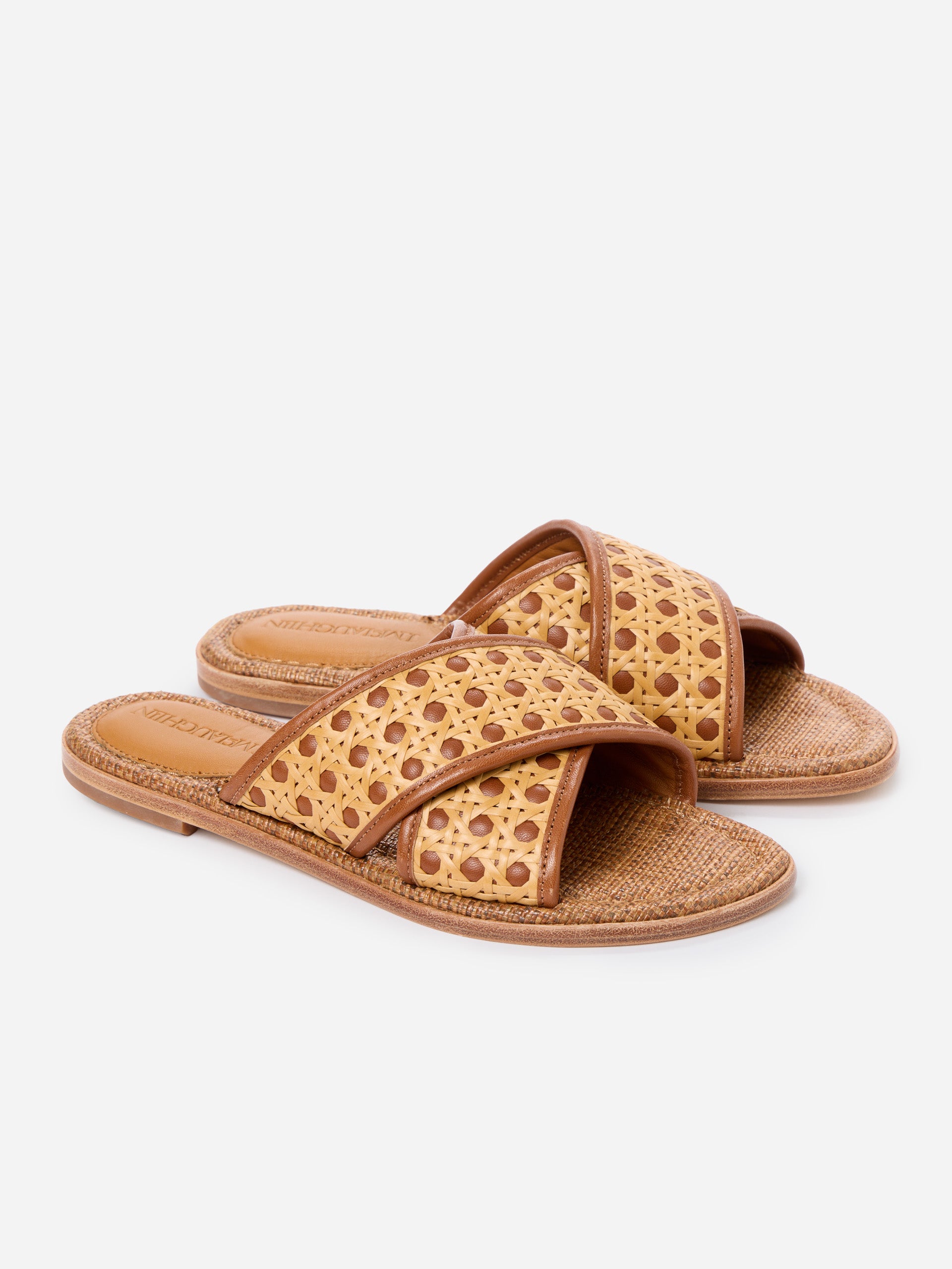 J.McLaughlin Usha shoes in natural/rich cognac made with raffia. 