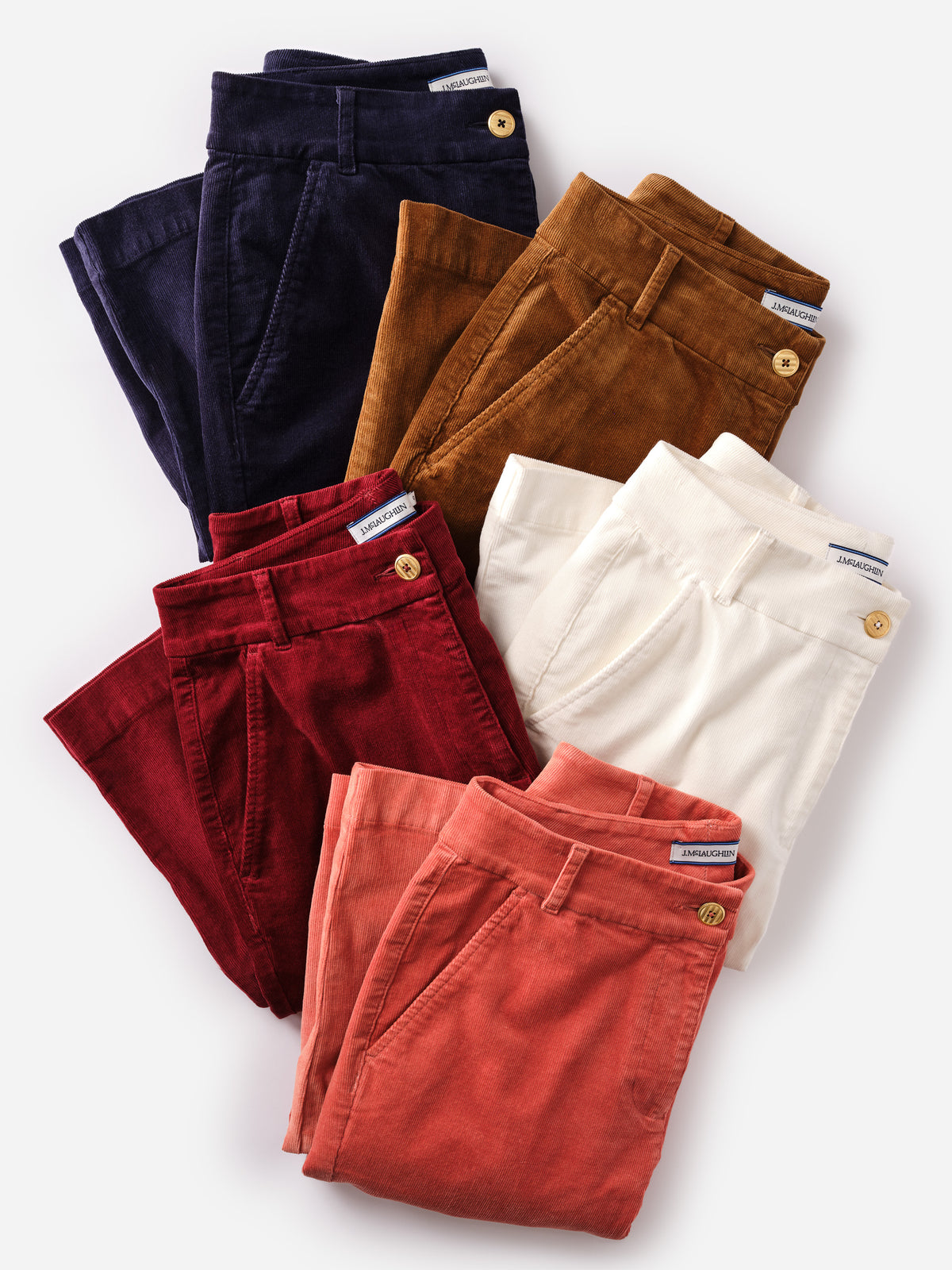Avery Corduroy Pants by J.McLaughlin displayed in navy brown red white and coral soft stretch corduroy with ankle length kick flare silhouettes