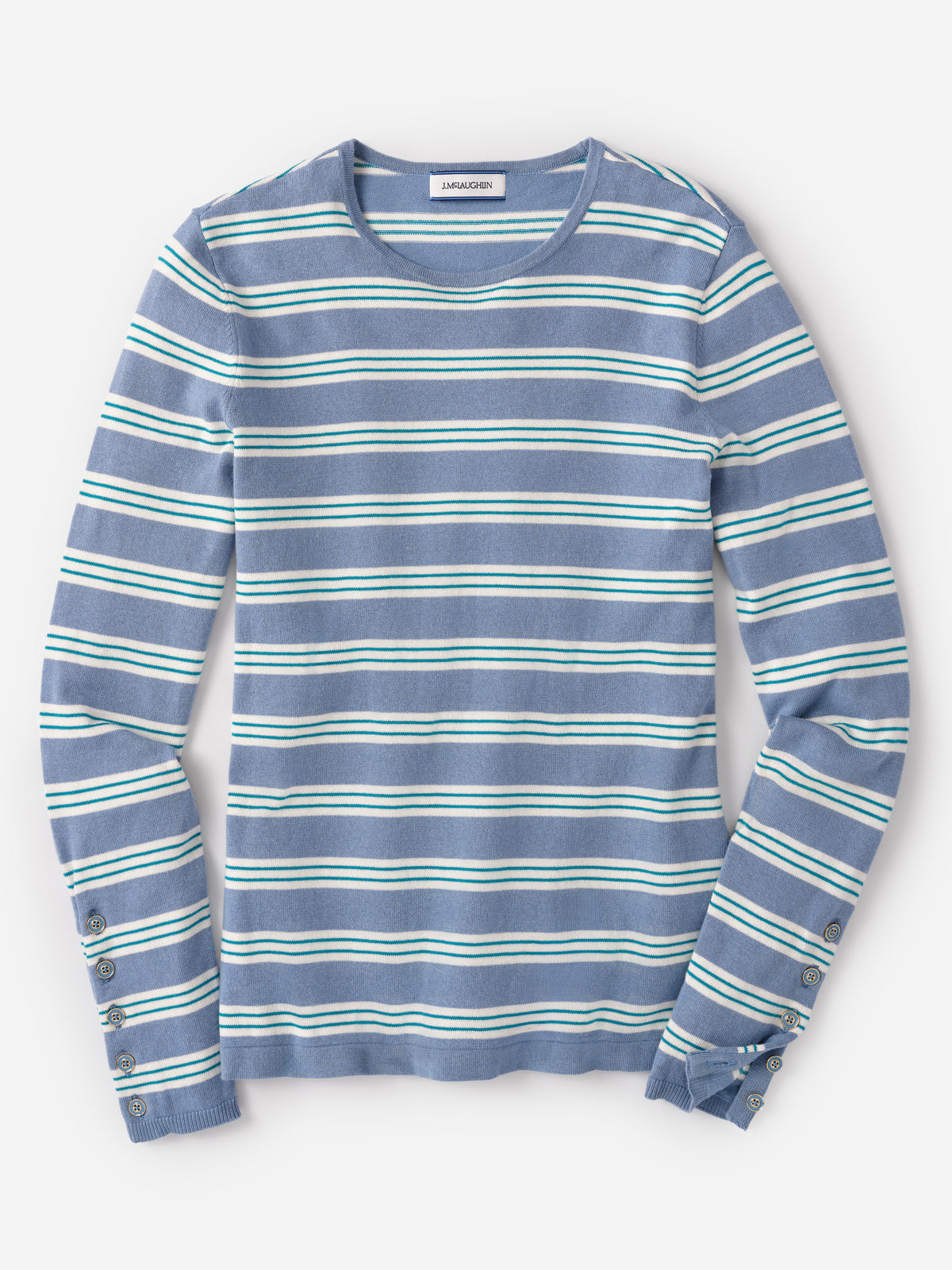 Jamey Sweater in Stripe by J.McLaughlin blue striped sweater with crew neckline long sleeves and button cuffs