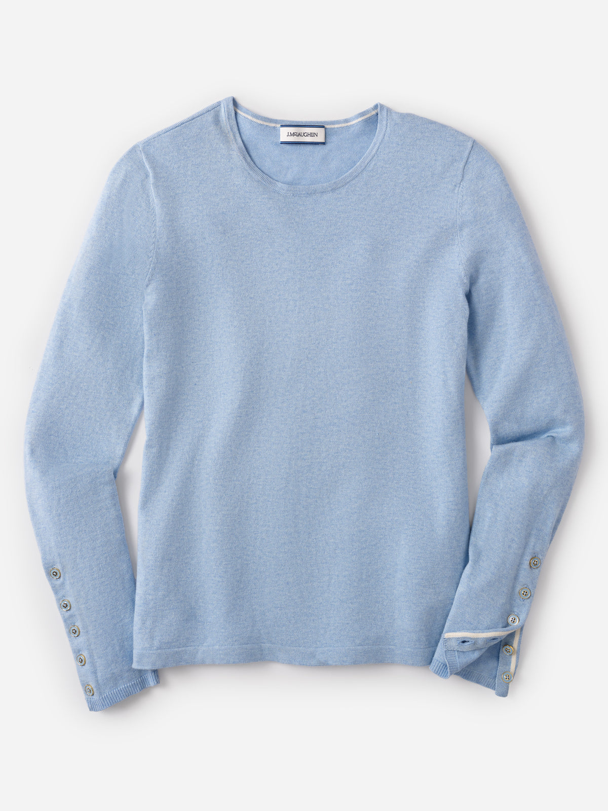 Jamey Sweater by J.McLaughlin in light blue with long sleeves and buttoned cuffs for a polished timeless look