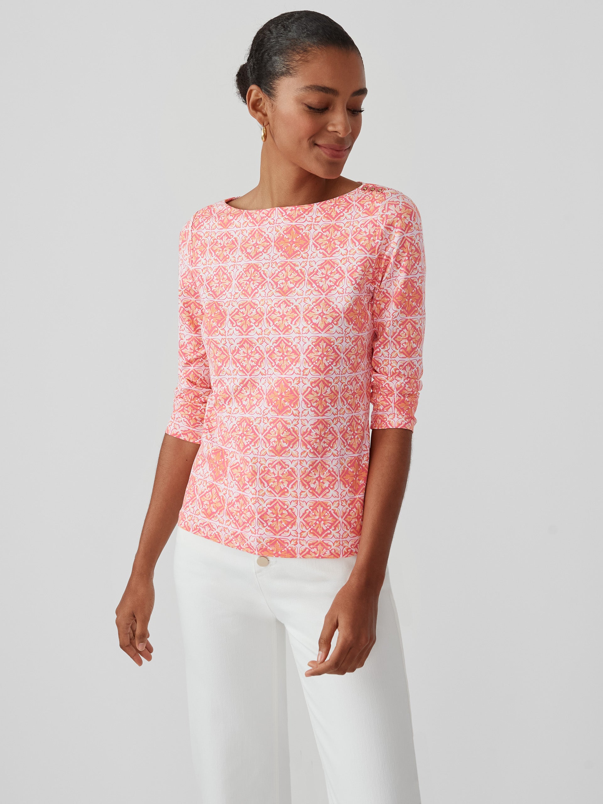 J.McLaughlin Wavesong tee in hot pink/orange made with Catalina cloth.