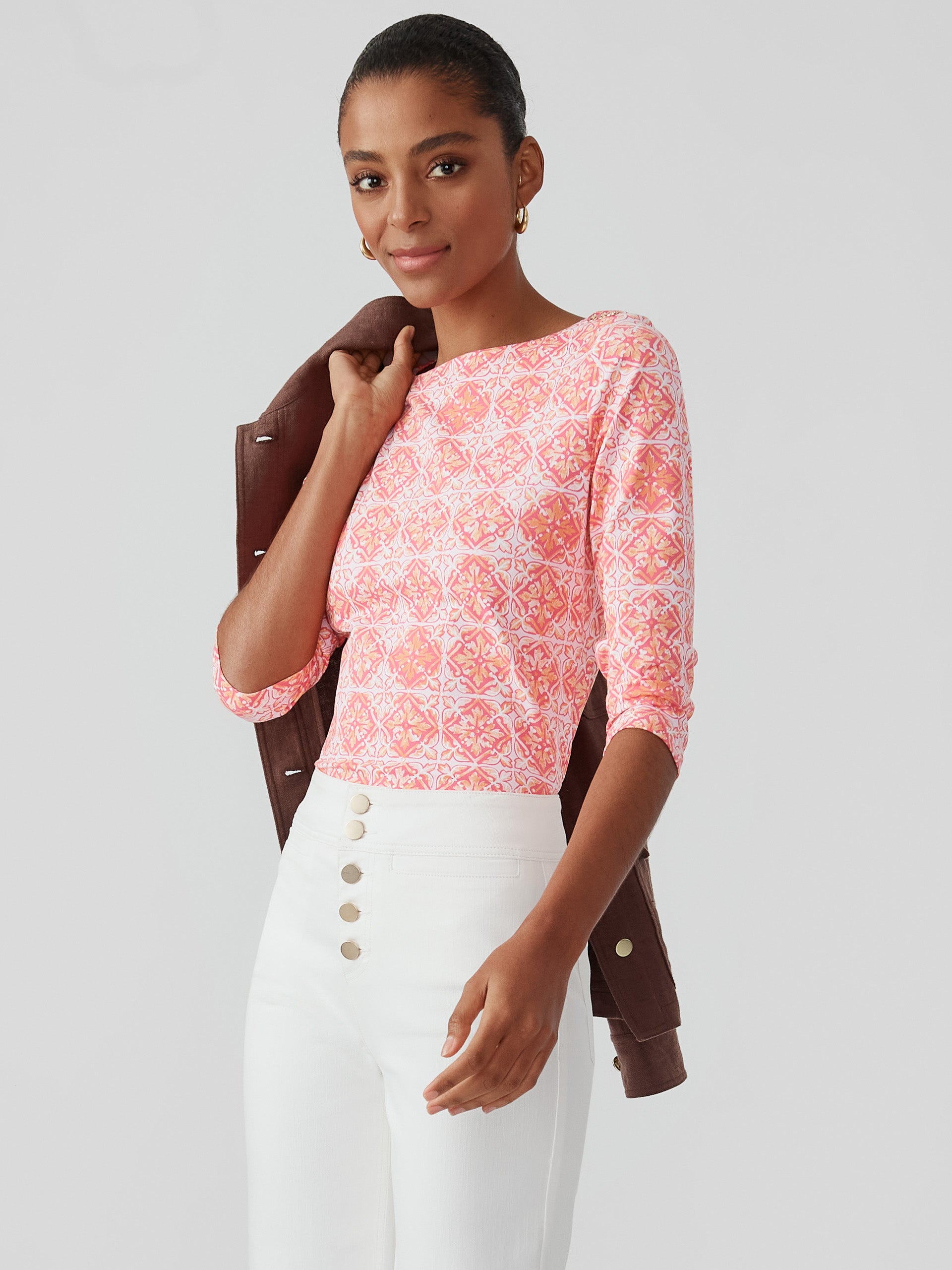 J.McLaughlin Wavesong tee in hot pink/orange made with Catalina cloth.