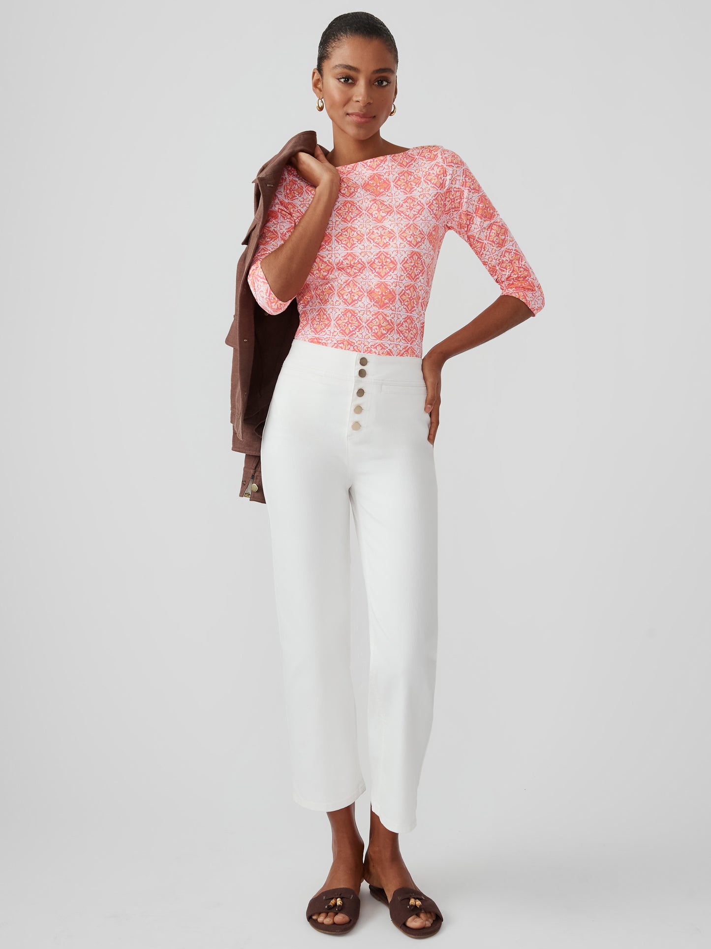 J.McLaughlin Wavesong tee in hot pink/orange made with Catalina cloth.