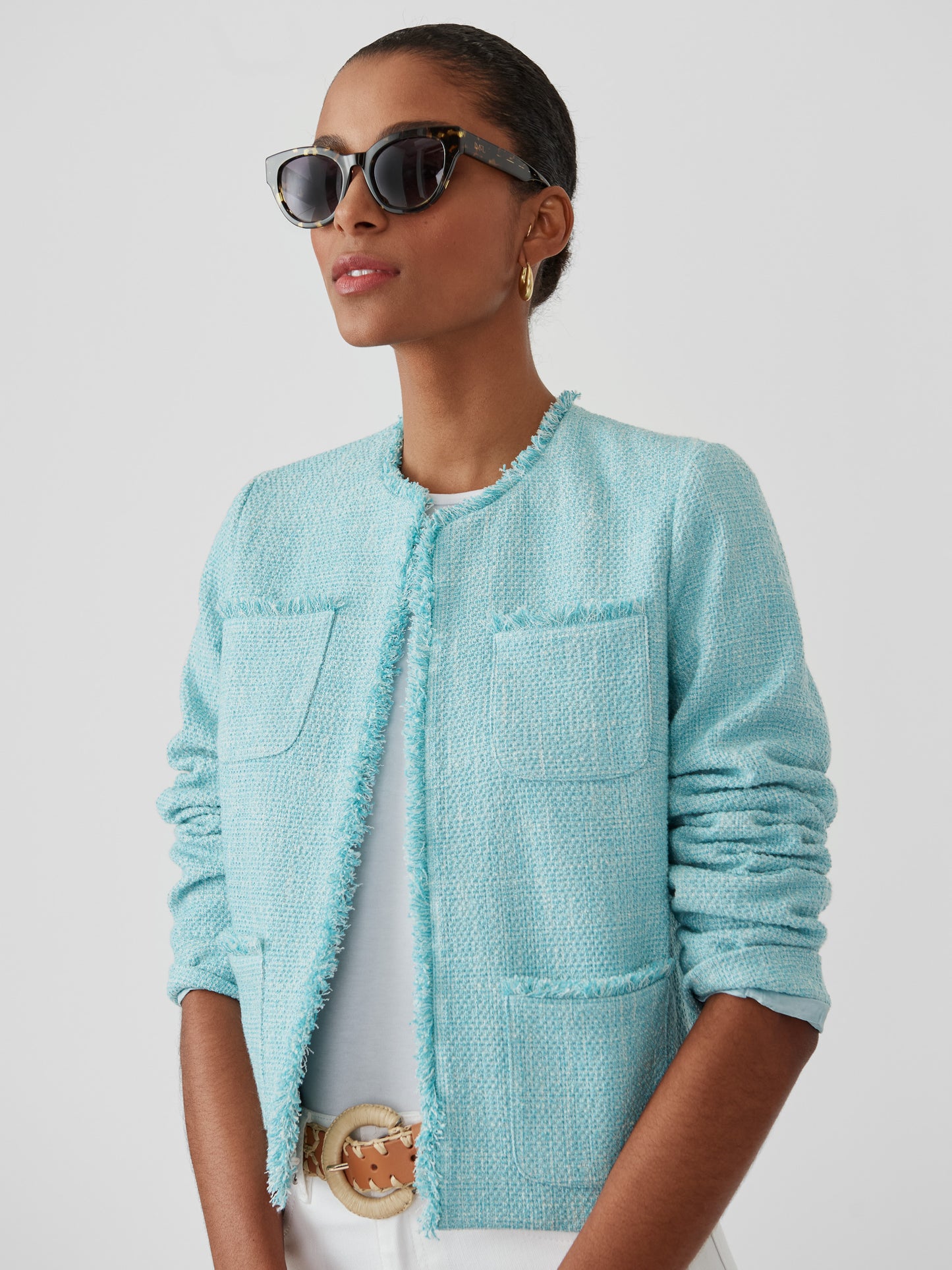 J.McLaughlin Martha jacket in aqua made with cotton/acrylic/polyester/spandex.