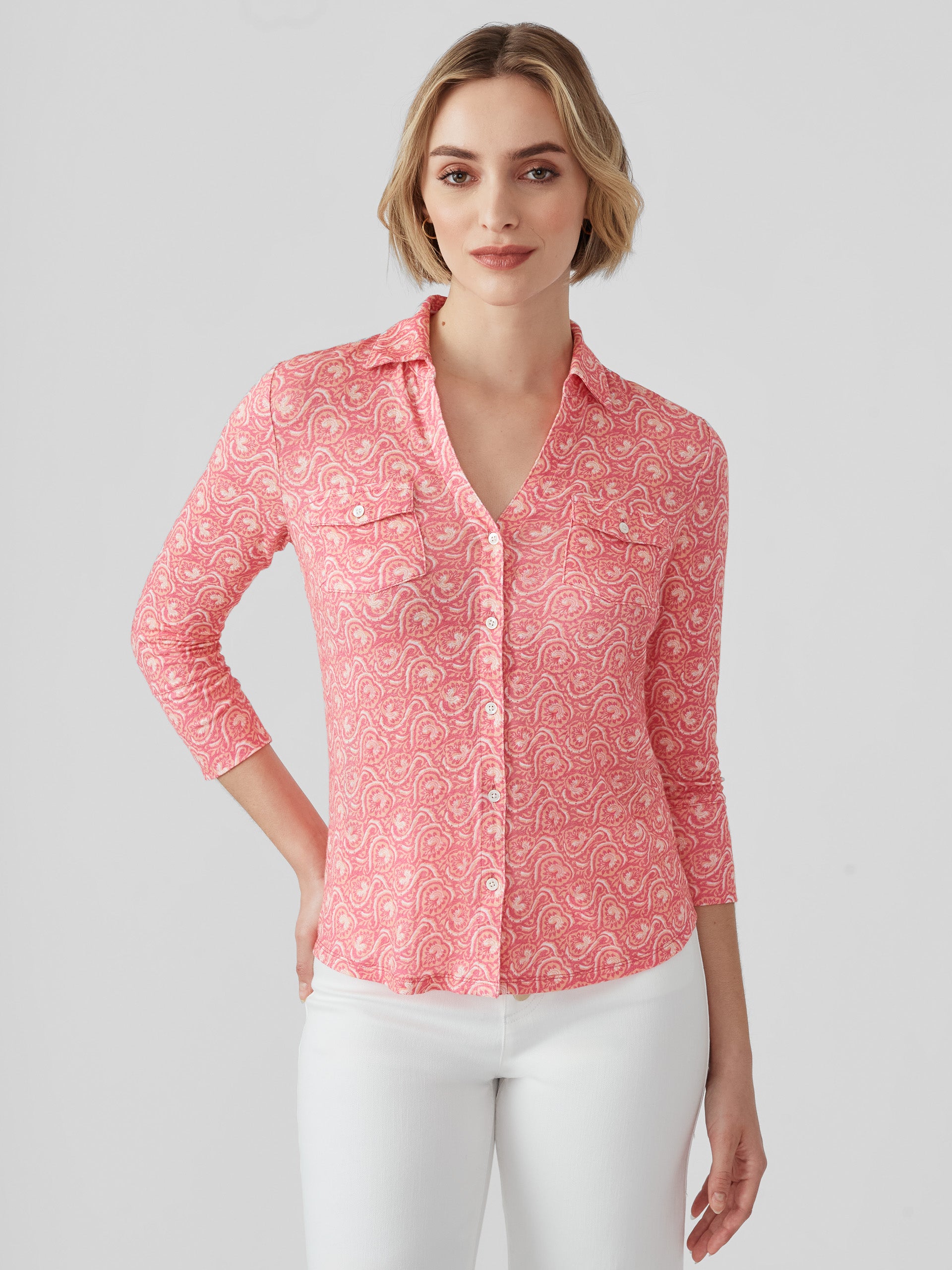 J.McLaughlin Brynn top in hot pink/orange made with linen.