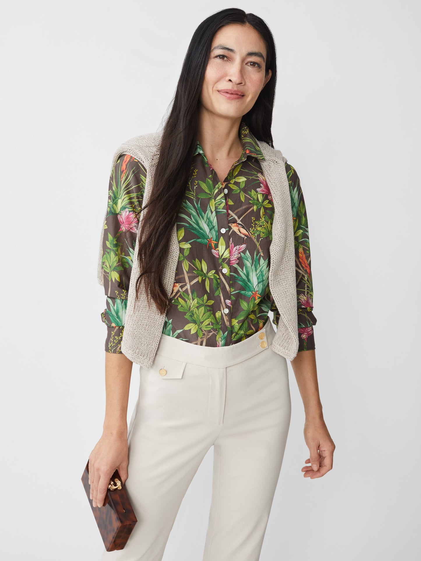 J.McLaughlin Britt shirt in brown/multi made with linen.