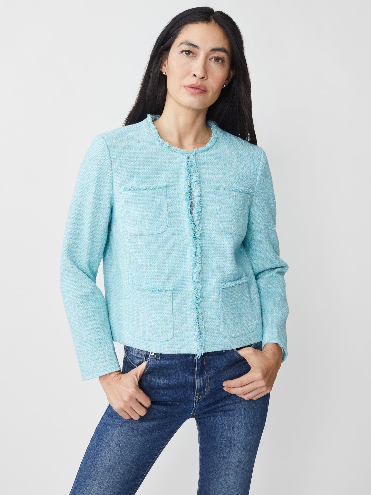 J.McLaughlin Martha jacket in aqua made with cotton/acrylic/polyester/spandex.