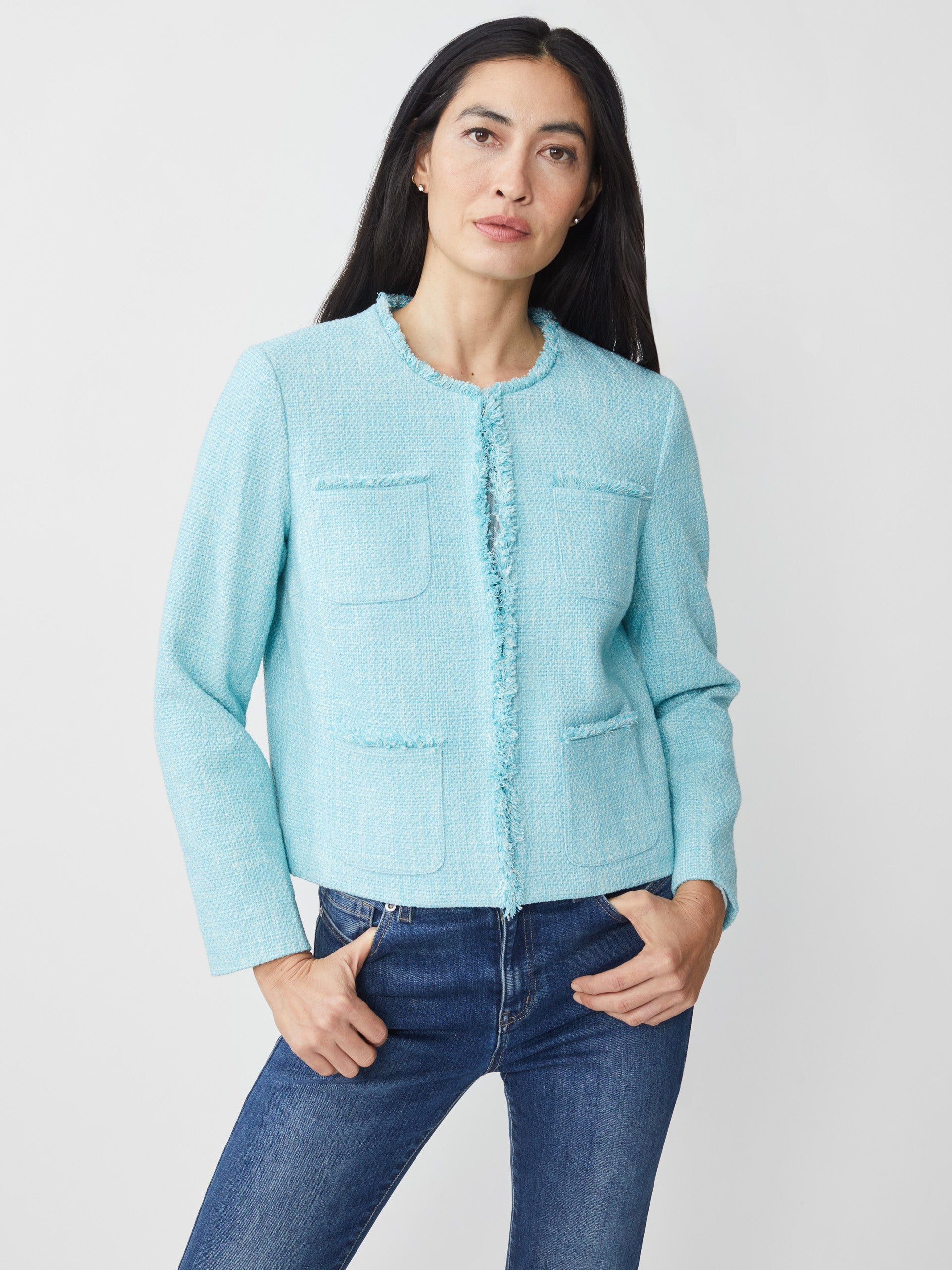 J.McLaughlin Martha jacket in aqua made with cotton/acrylic/polyester/spandex.