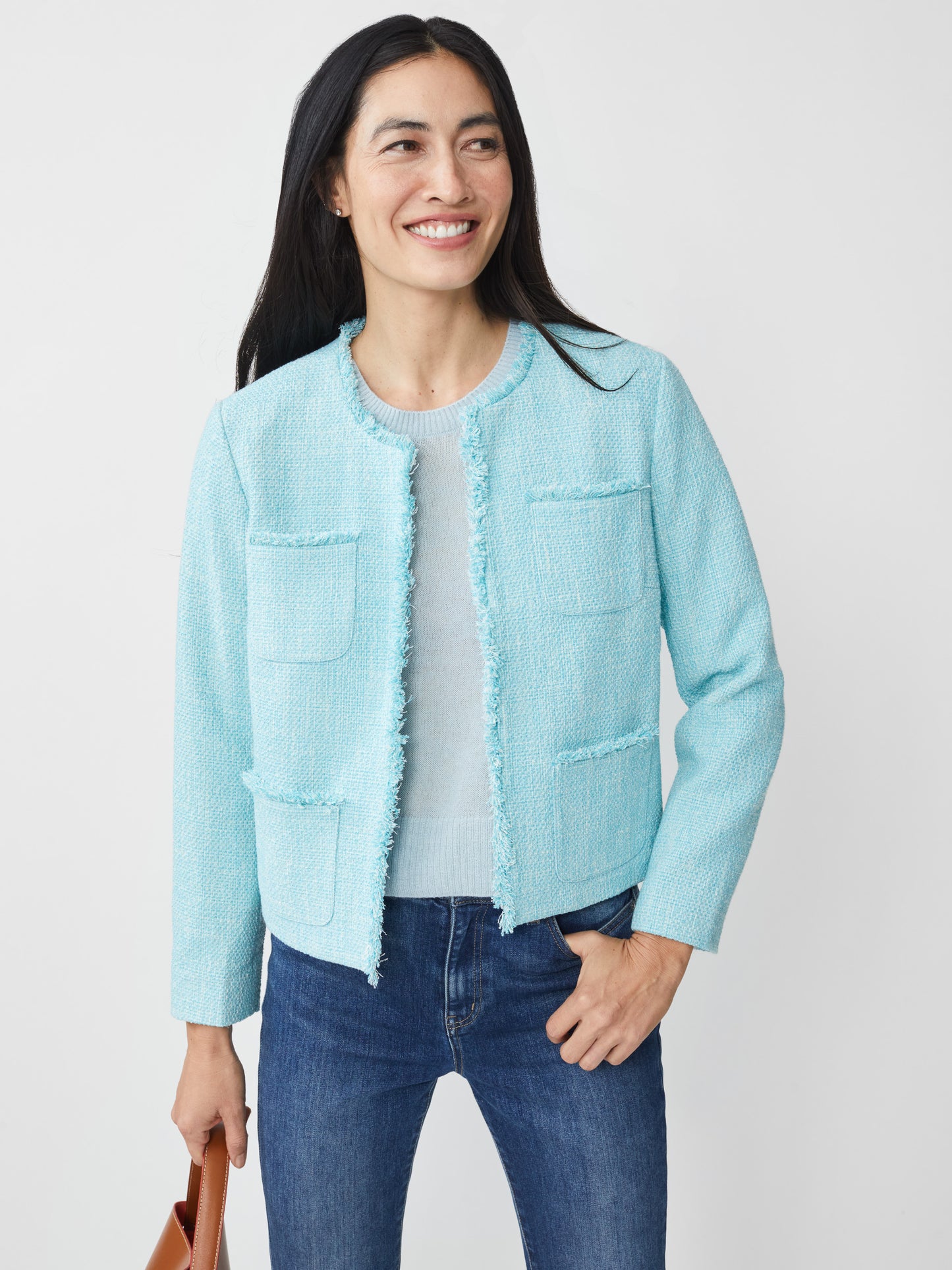 J.McLaughlin Martha jacket in aqua made with cotton/acrylic/polyester/spandex.