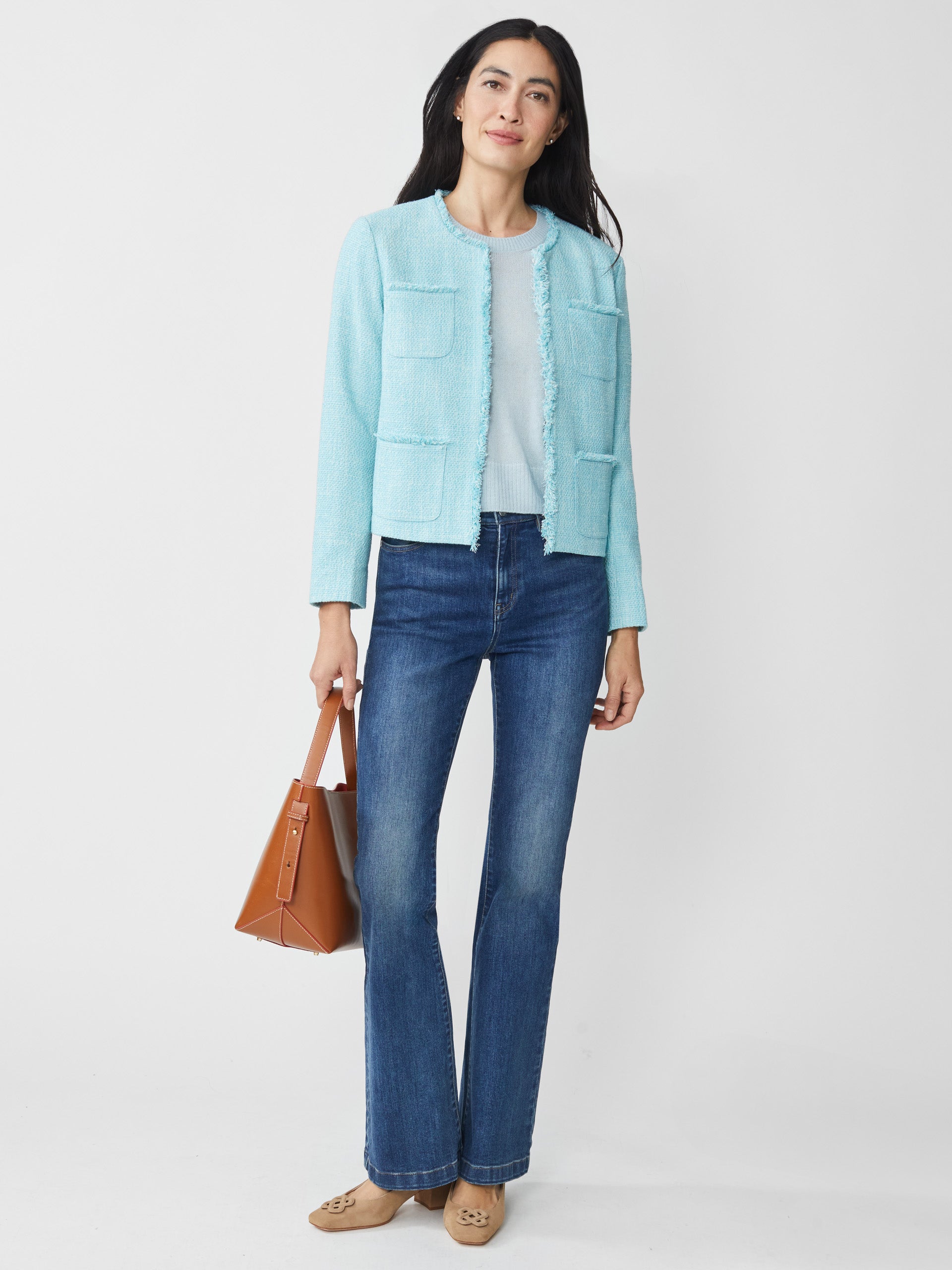 J.McLaughlin Martha jacket in aqua made with cotton/acrylic/polyester/spandex.