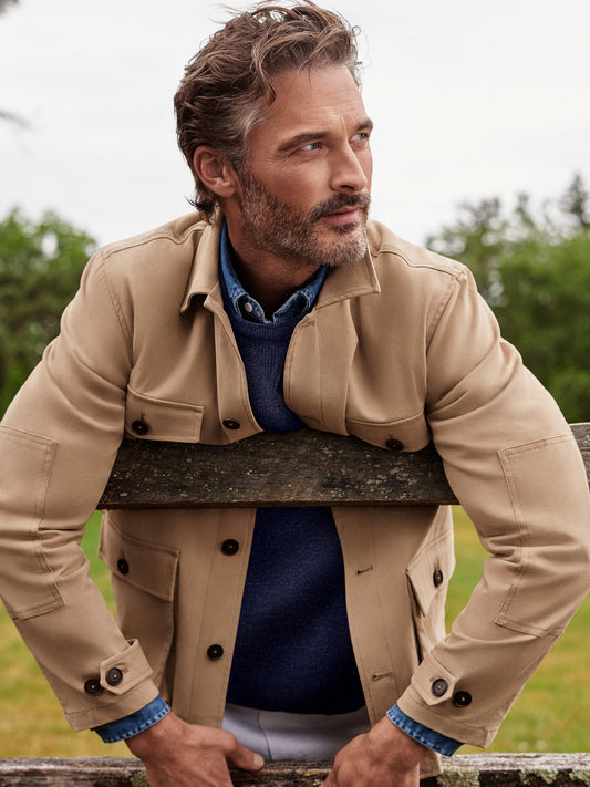 Model wearing J.McLaughlin Duster shirt jacket in khaki made with cotton and elastane.