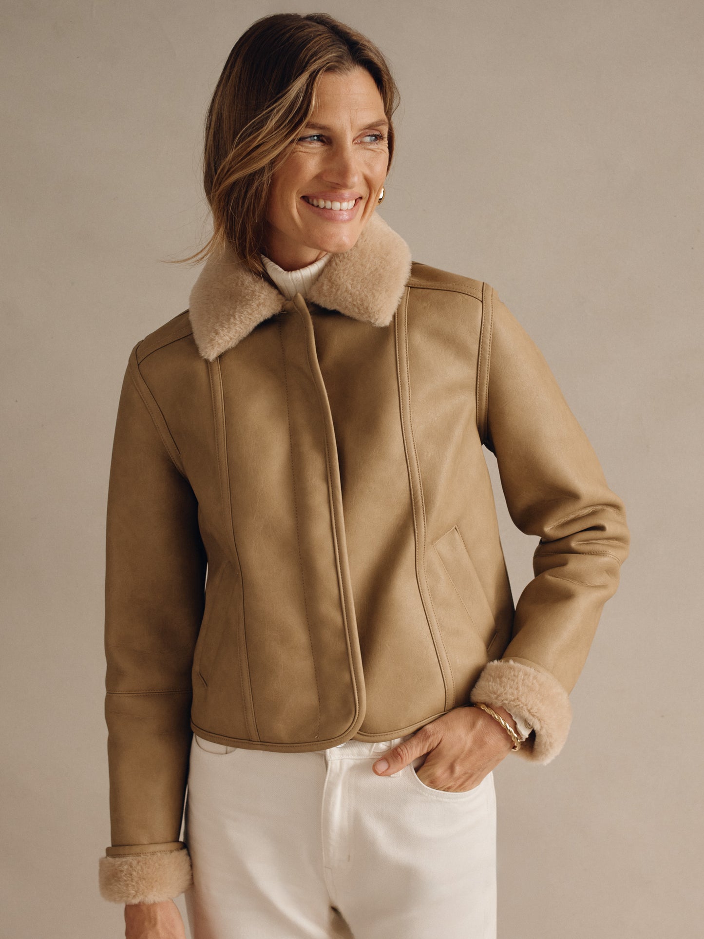 J.McLaughlin Melinda jacket in tan made with faux leather/faux fur. 