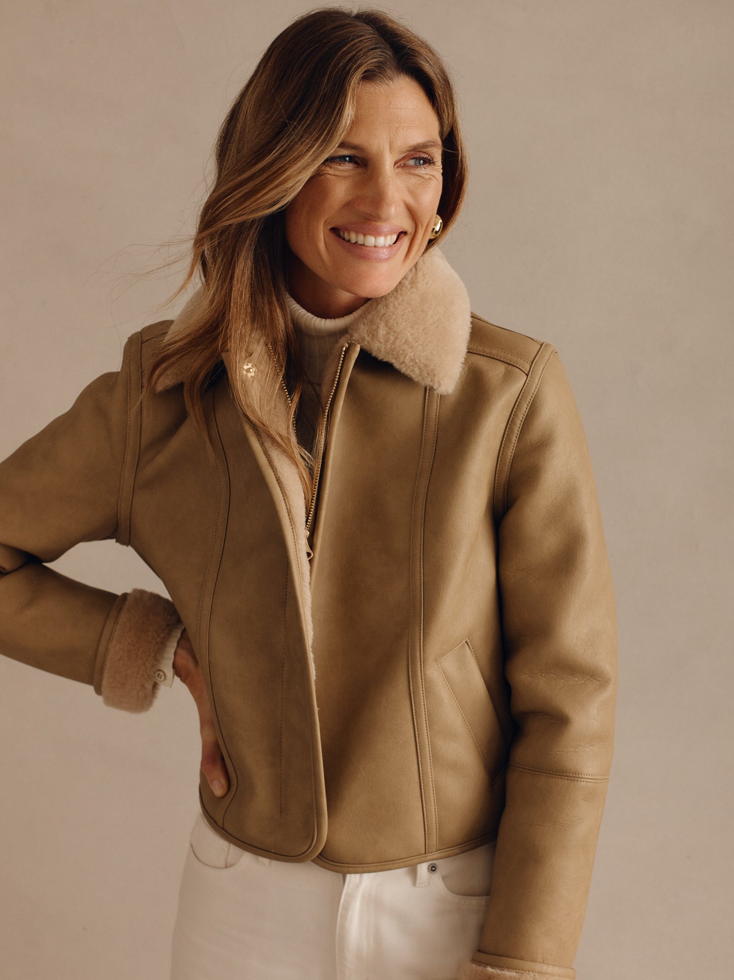 J.McLaughlin Melinda jacket in tan made with faux leather/faux fur. 