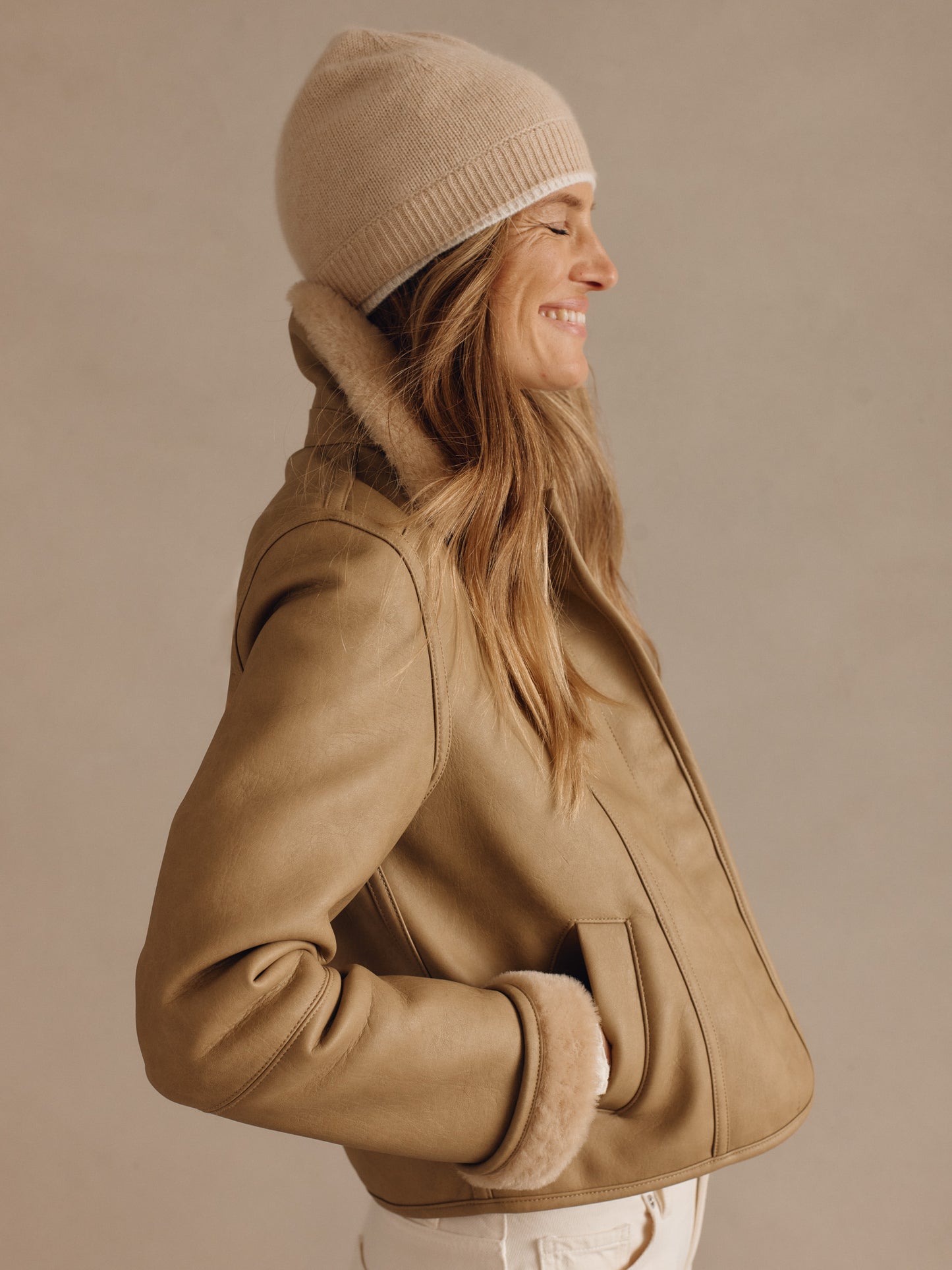 J.McLaughlin Melinda jacket in tan made with faux leather/faux fur. 