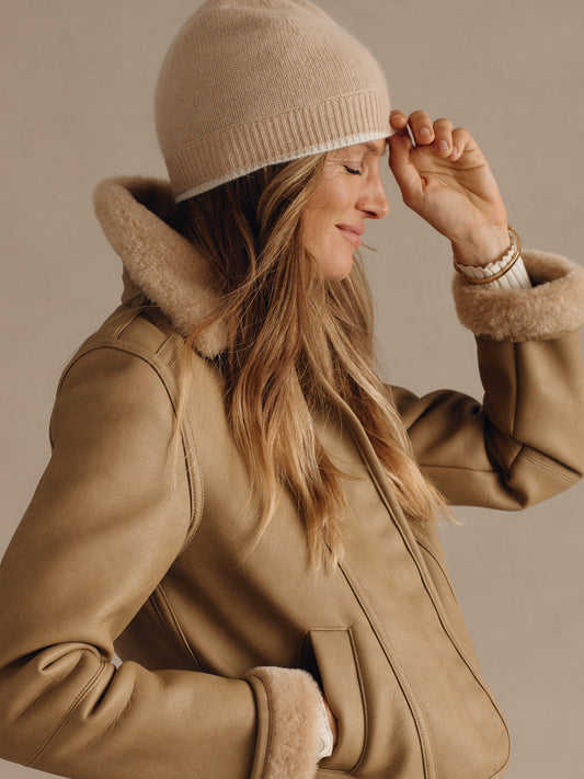 J.McLaughlin Frost hat in light camel/off white made with cashmere.
